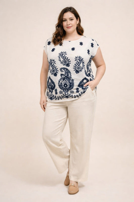 Plus Size Paisley Border Print Button-shoulder Top Shirts & Tops jehouze White XL 