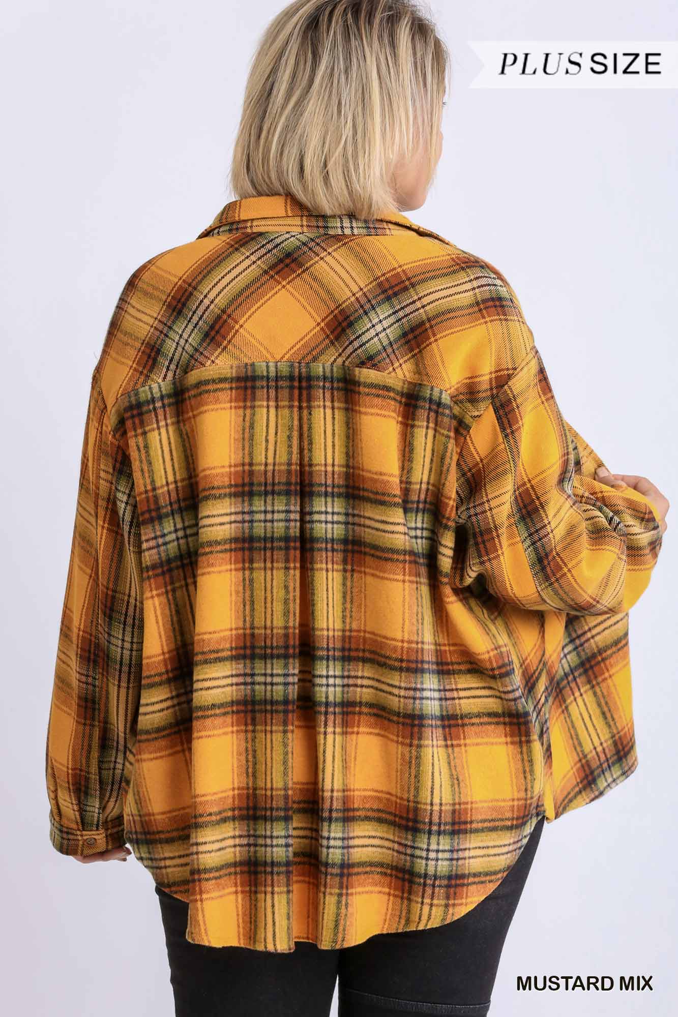 Plus Size Plaid Collar Button Down Overshirt With Front Pockets Outerwear jehouze 