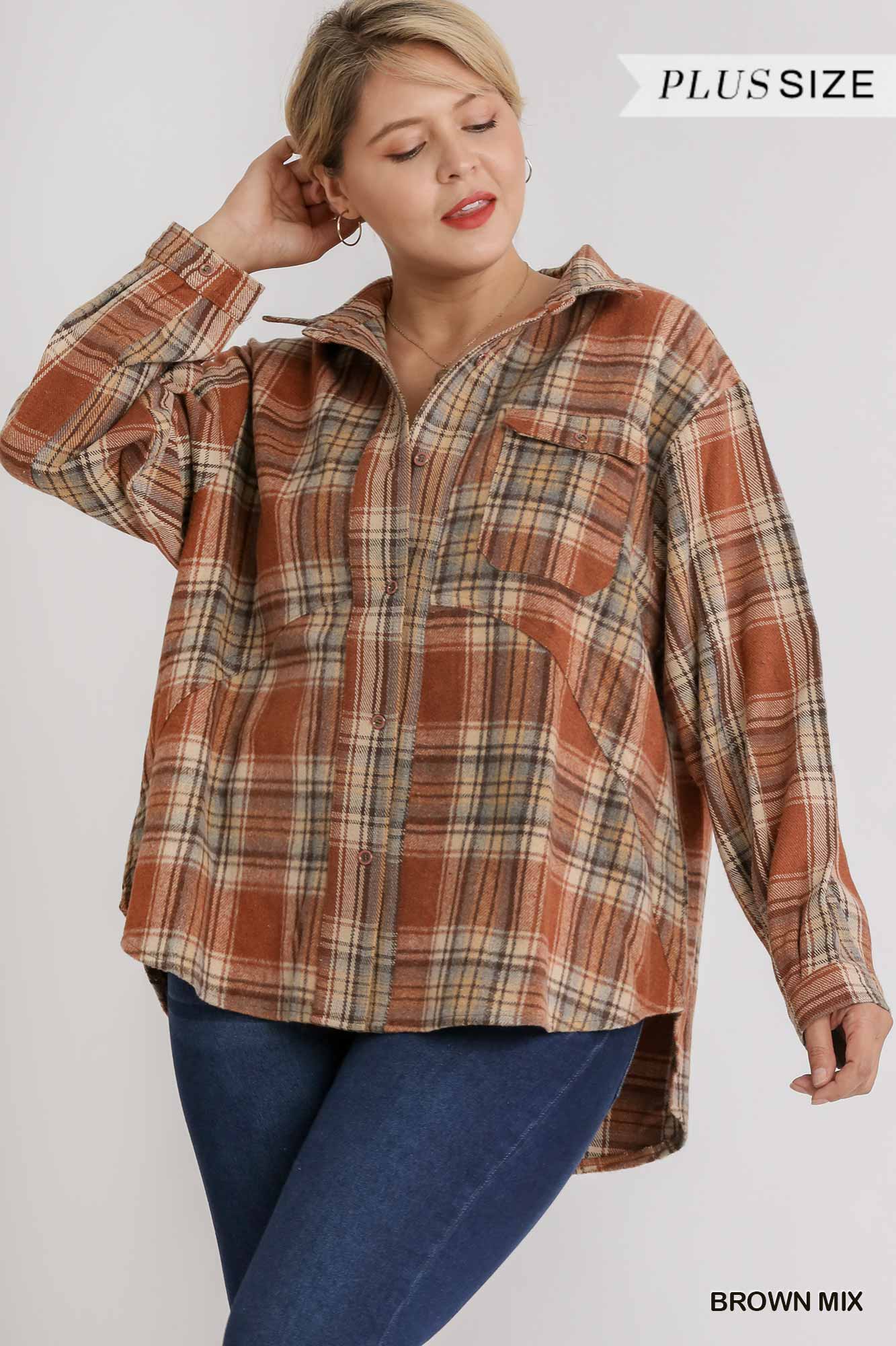 Plus Size Plaid Collar Button Down Overshirt With Front Pockets Outerwear jehouze 