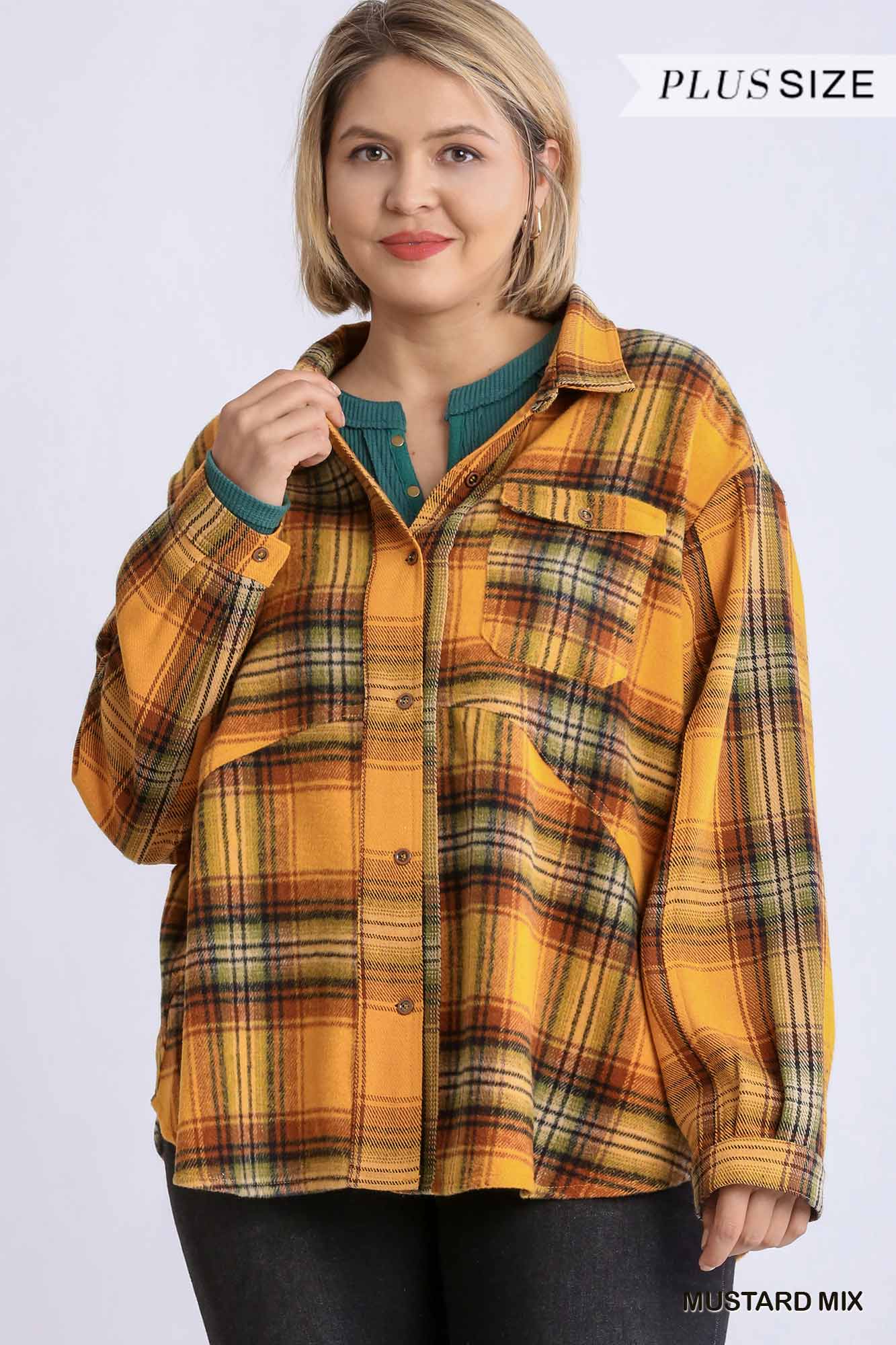 Plus Size Plaid Collar Button Down Overshirt With Front Pockets Outerwear jehouze 