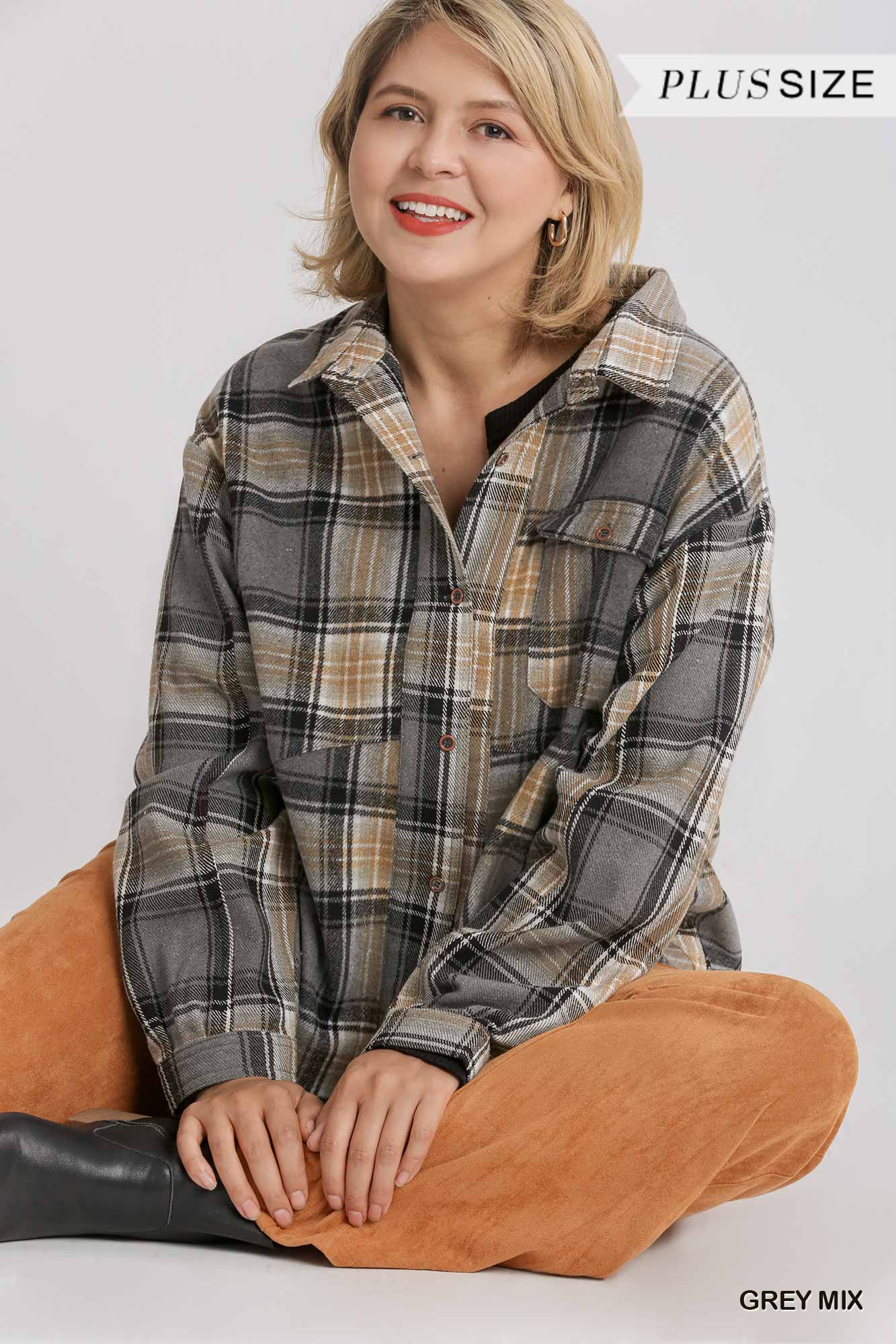 Plus Size Plaid Collar Button Down Overshirt With Front Pockets Outerwear jehouze 