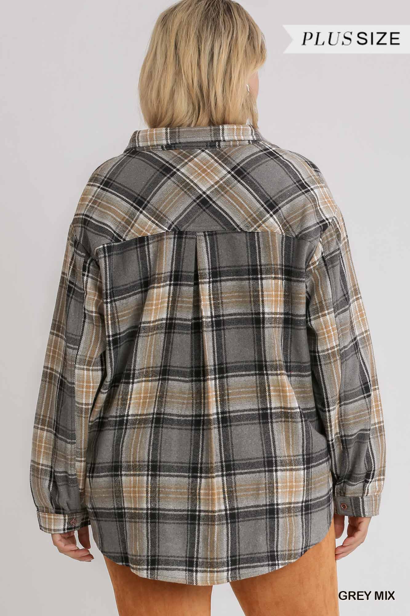 Plus Size Plaid Collar Button Down Overshirt With Front Pockets Outerwear jehouze 