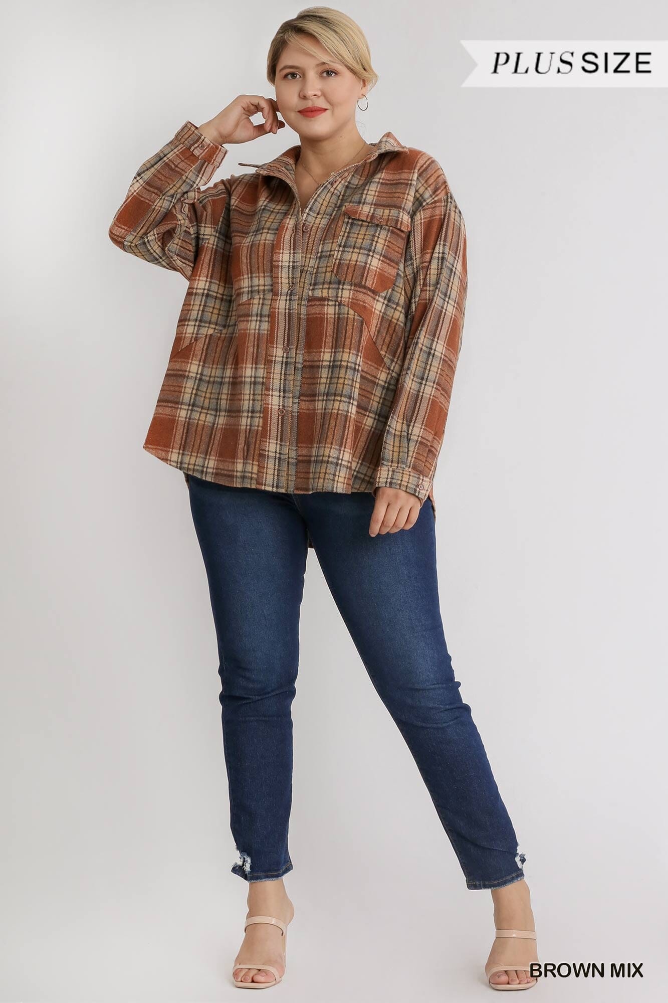 Plus Size Plaid Collar Button Down Overshirt With Front Pockets Outerwear jehouze Brown Mix 1XL 
