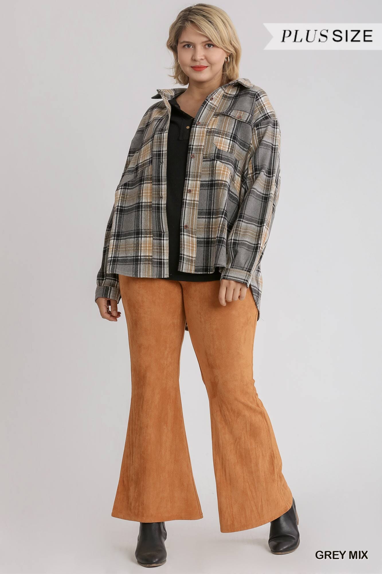 Plus Size Plaid Collar Button Down Overshirt With Front Pockets Outerwear jehouze Grey Mix 1XL 