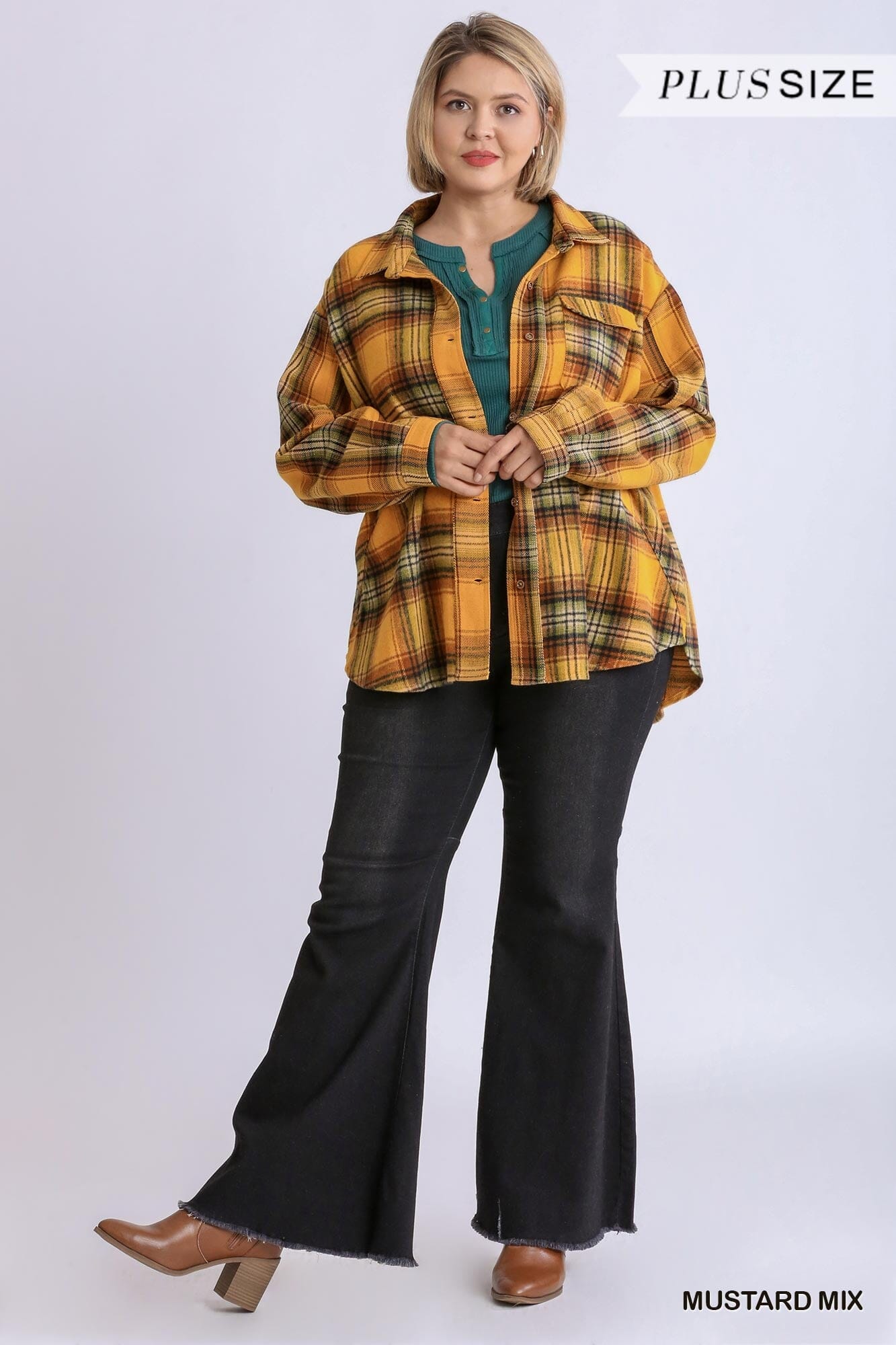 Plus Size Plaid Collar Button Down Overshirt With Front Pockets Outerwear jehouze Mustard Mix 1XL 