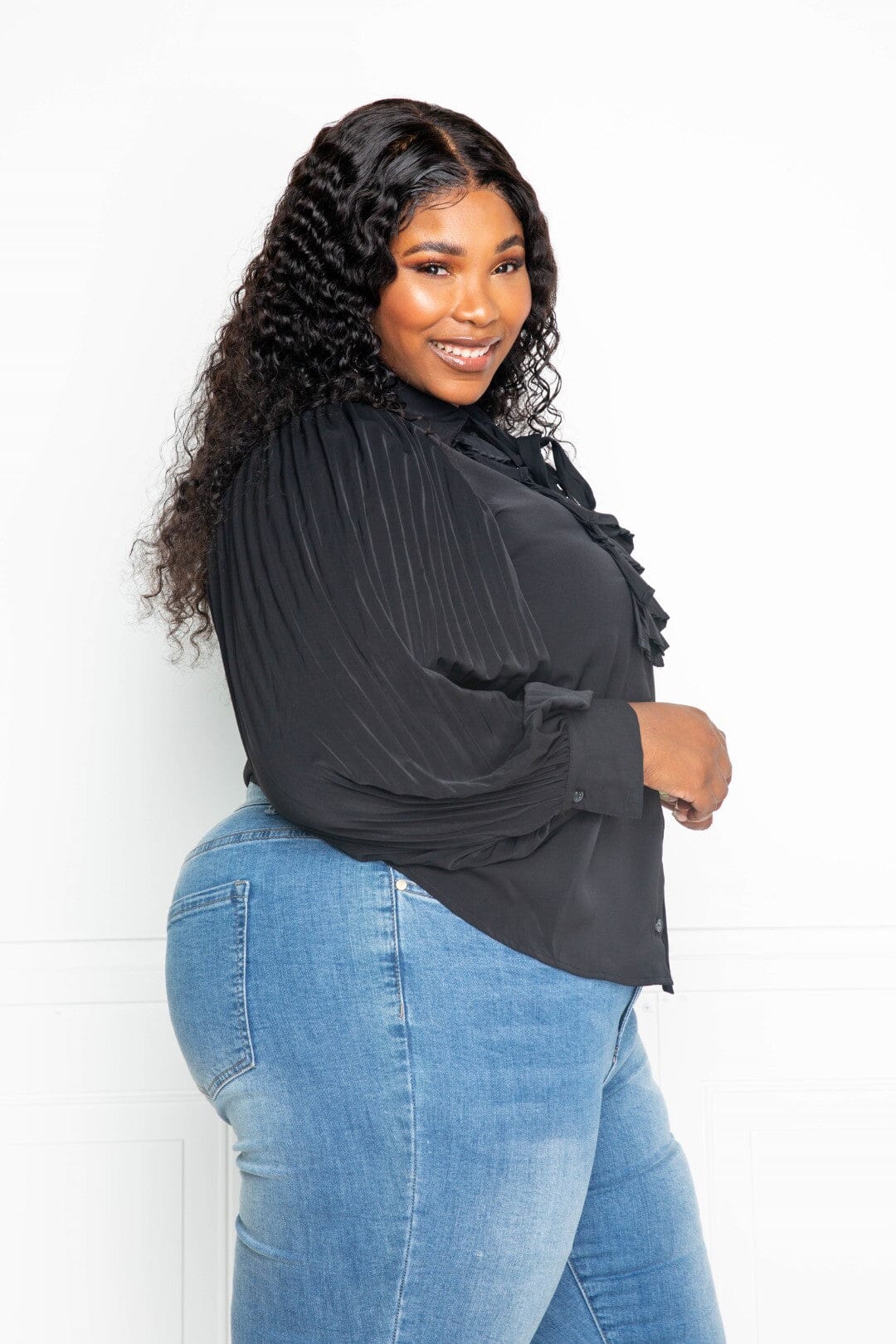 Plus Size Pleated Sleeve Blouse With Waterfall Frill And Bow Shirts & Tops jehouze 
