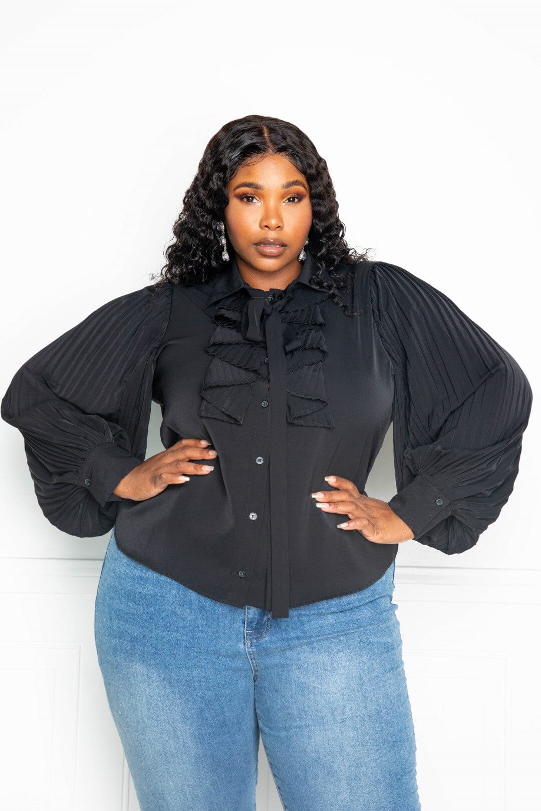Plus Size Pleated Sleeve Blouse With Waterfall Frill And Bow Shirts & Tops jehouze 