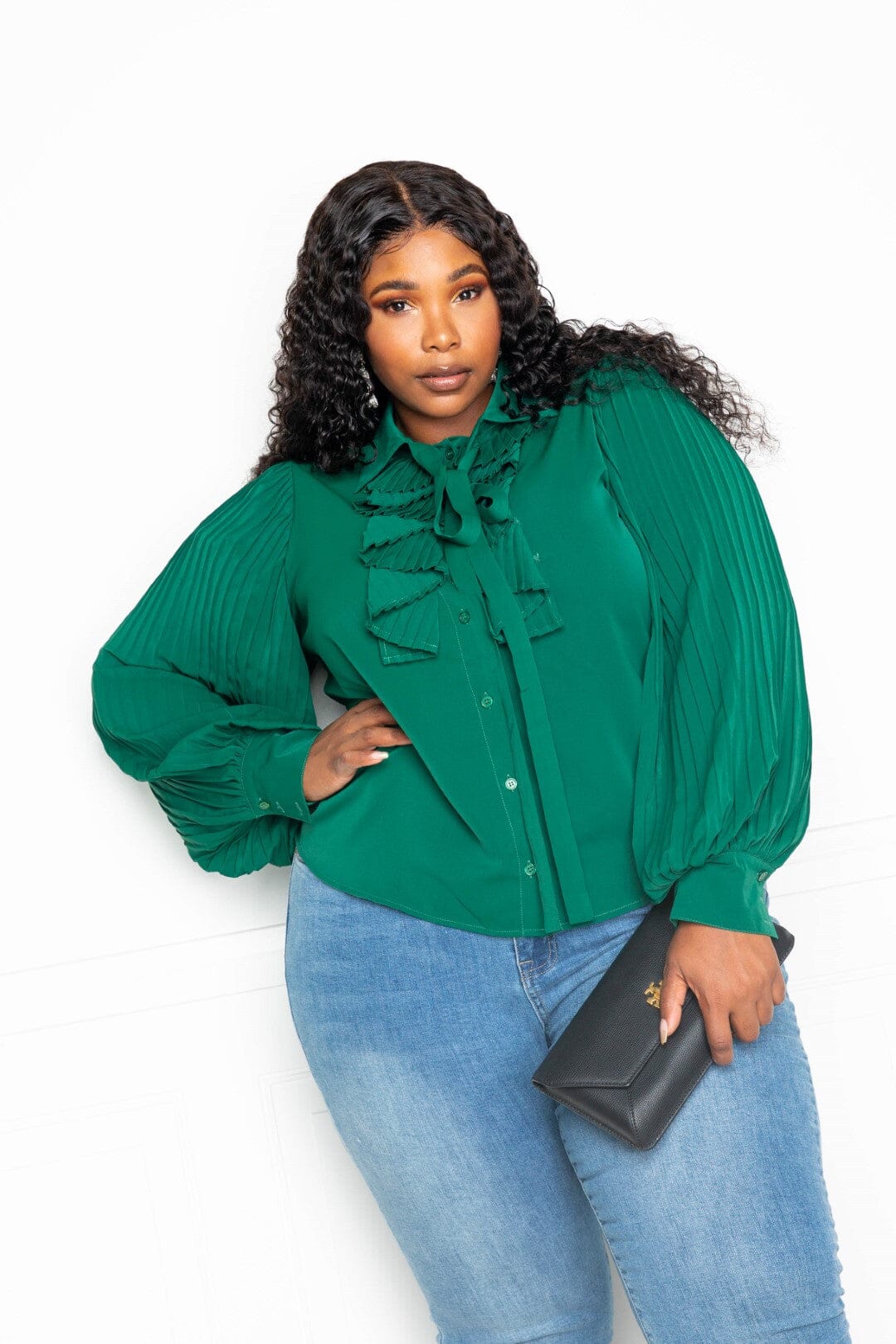 Plus Size Pleated Sleeve Blouse With Waterfall Frill And Bow Shirts & Tops jehouze 