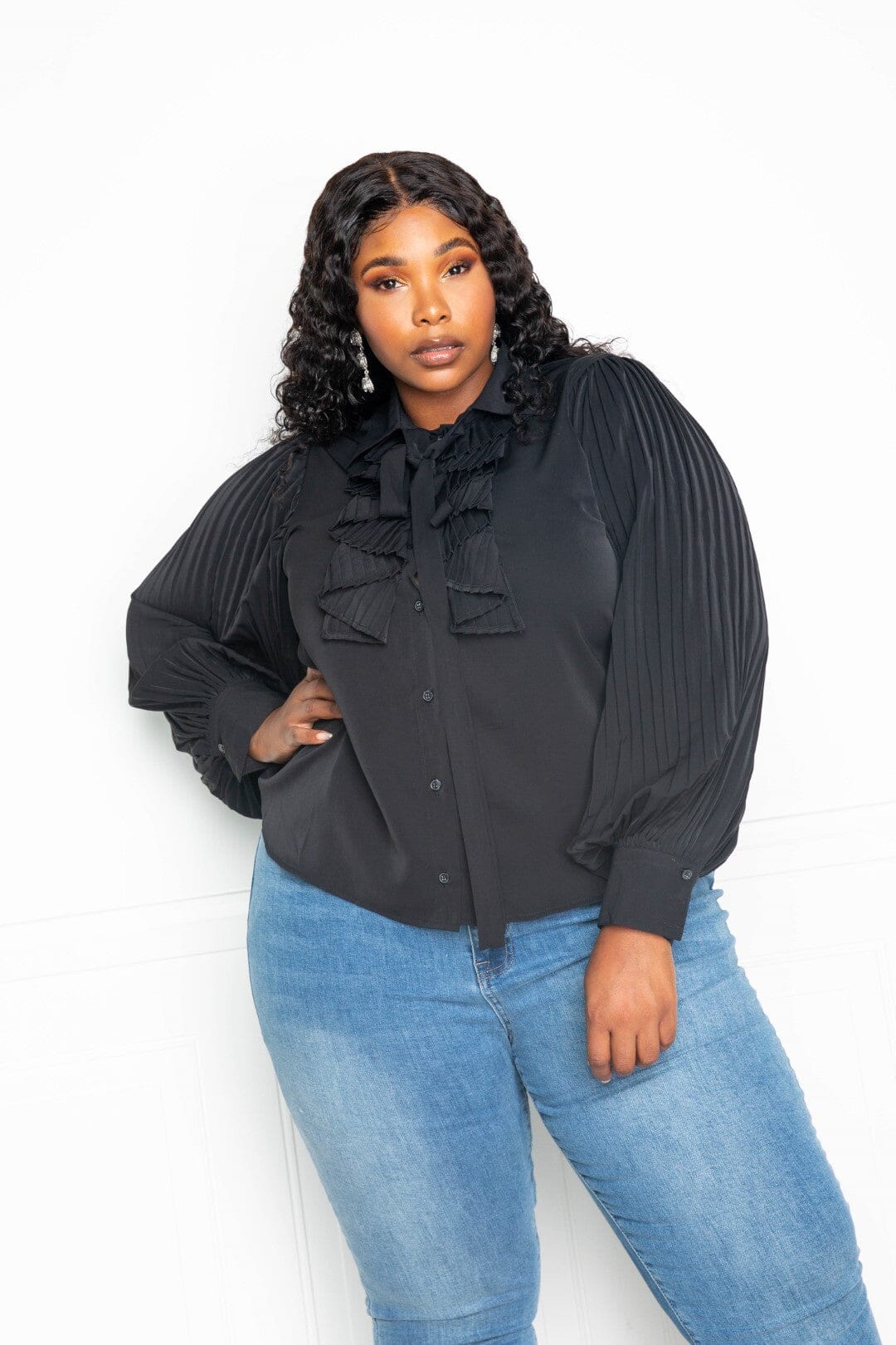 Plus Size Pleated Sleeve Blouse With Waterfall Frill And Bow Shirts & Tops jehouze Black 1XL 