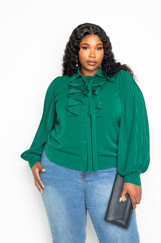 Plus Size Pleated Sleeve Blouse With Waterfall Frill And Bow Shirts & Tops jehouze Forrest Green 1XL 
