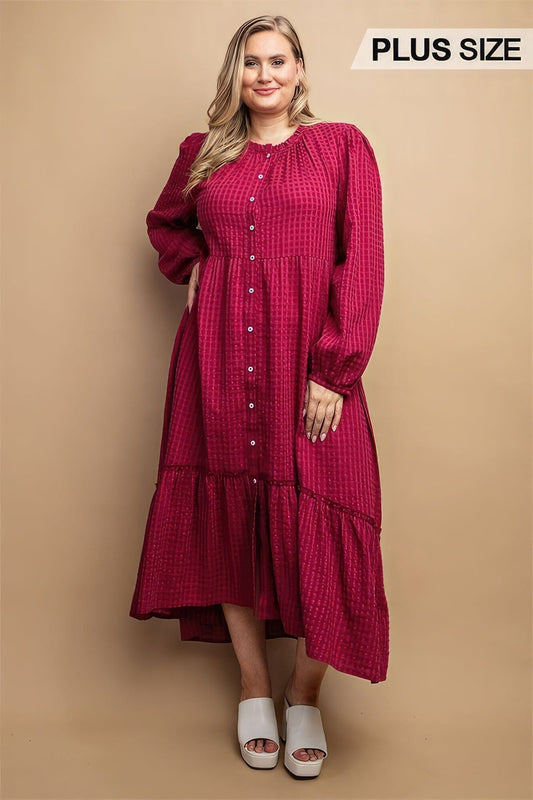 Plus Size Plum Allure Red Plaid Button Down Hi Low Hem Maxi Dress Dresses jehouze 