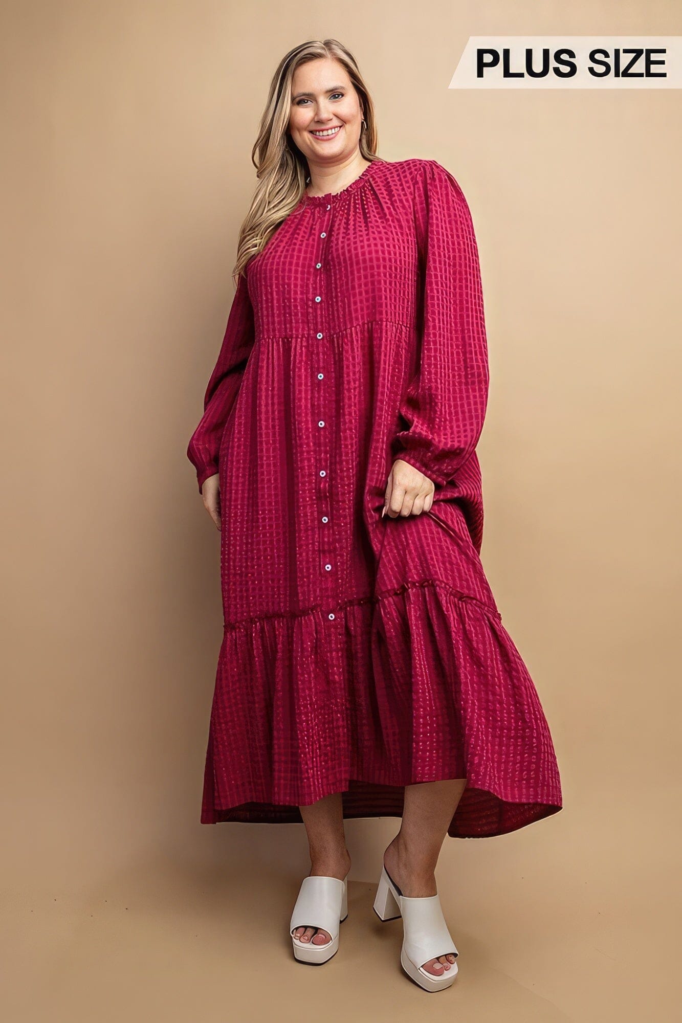 Plus Size Plum Allure Red Plaid Button Down Hi Low Hem Maxi Dress Dresses jehouze 