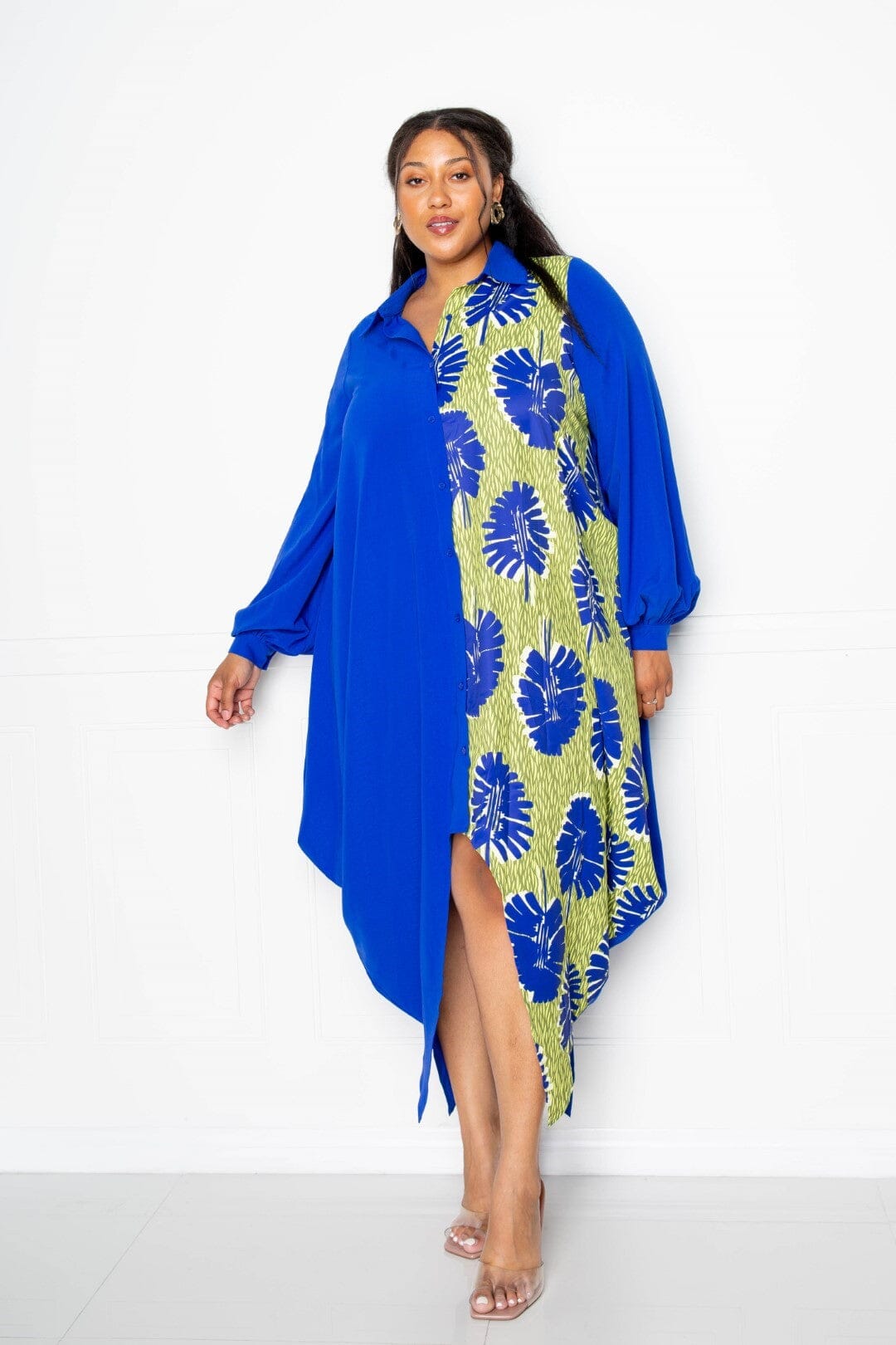 Plus Size Print Drapy Shirt Long Sleeve Maxi Dress Dresses jehouze Royal Multi 3XL 