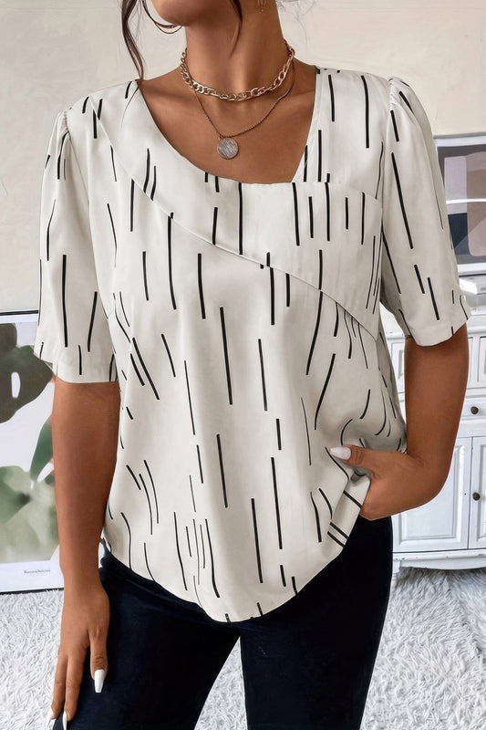 Plus Size Printed Puff Sleeve Casual Shirt Shirts & Tops jehouze Beige XL 