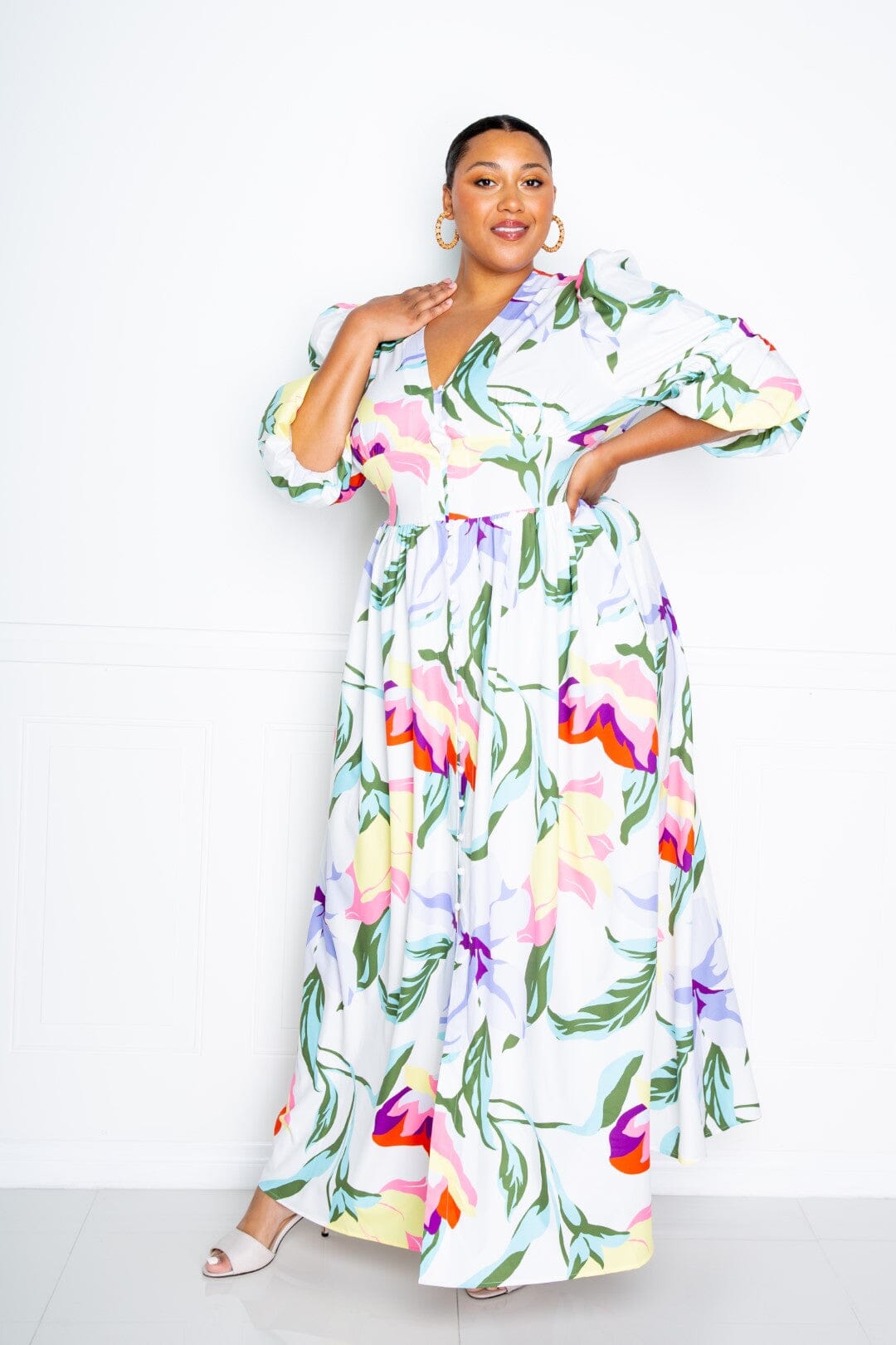 Plus Size Puff Sleeve Button Front Maxi Dress Dresses jehouze 