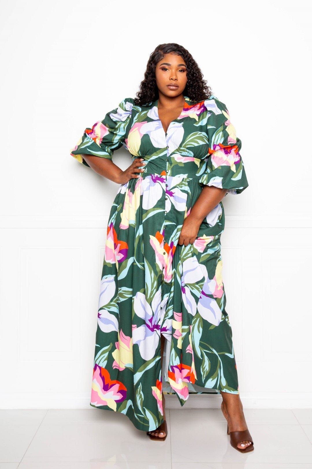 Plus Size Puff Sleeve Button Front Maxi Dress Dresses jehouze Olive Multi 3XL 