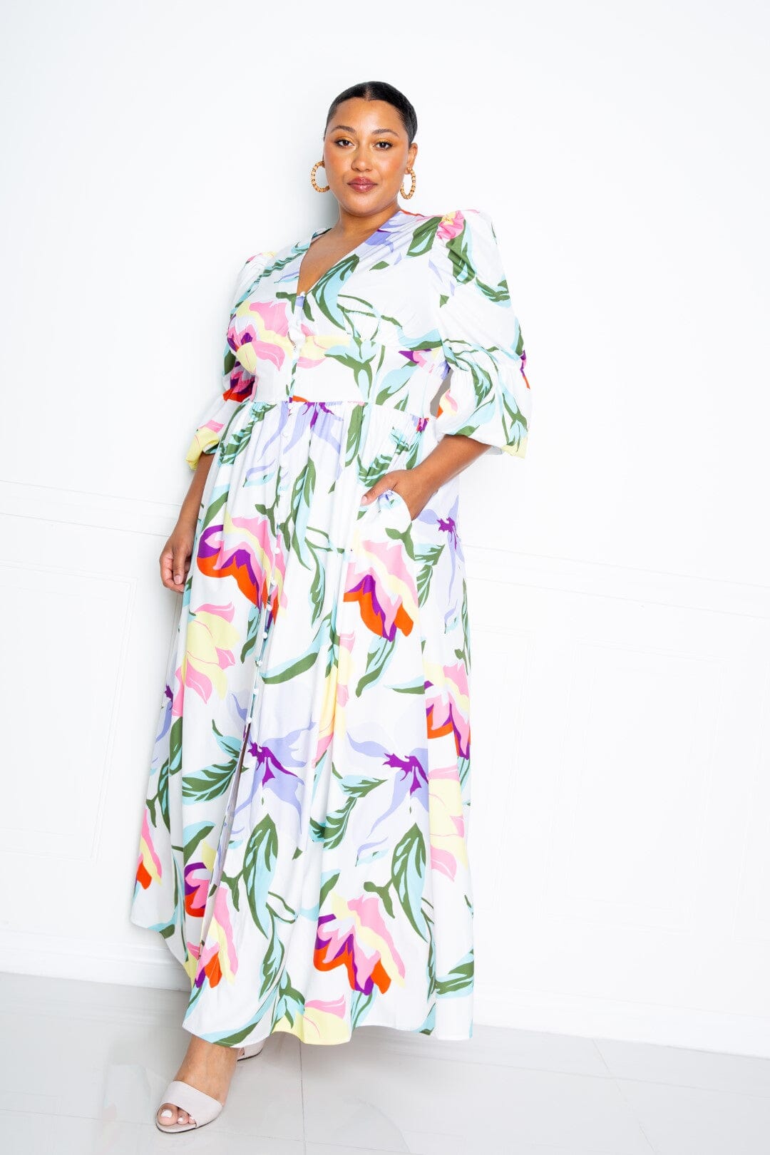 Plus Size Puff Sleeve Button Front Maxi Dress Dresses jehouze White Multi 3XL 