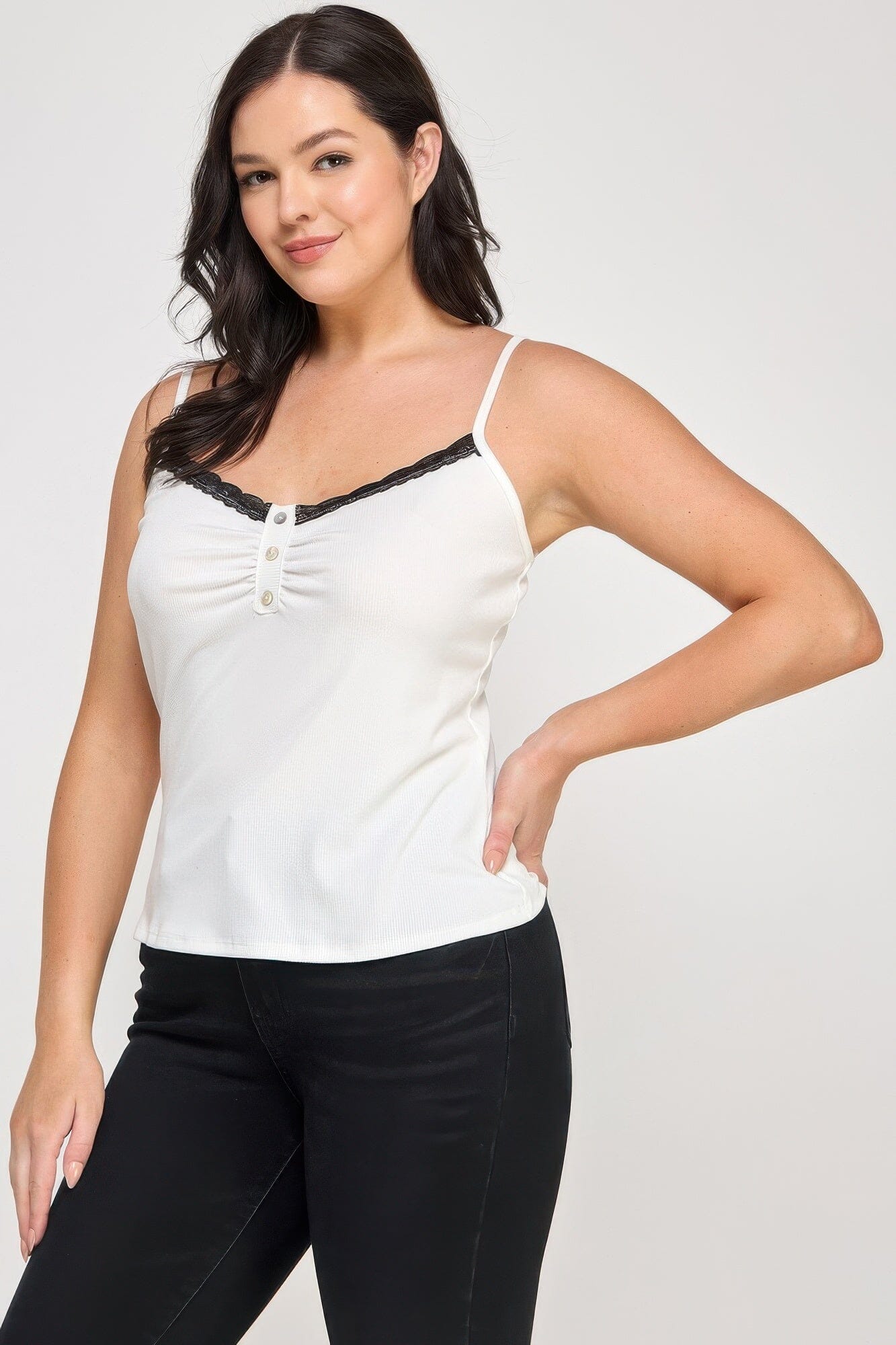 Plus Size Ribbed Knit Camisole With Lace Trim Shirts & Tops jehouze 