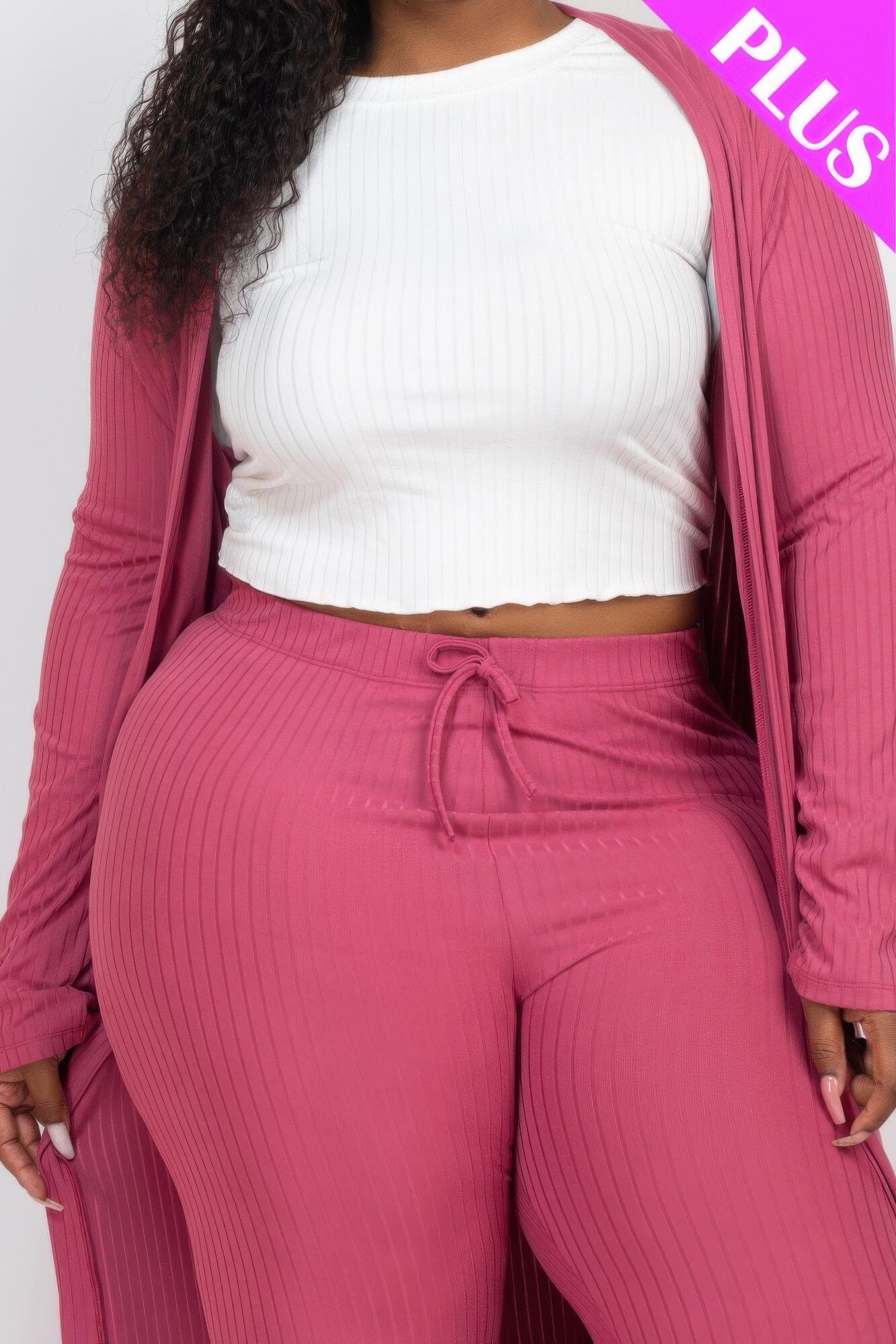 Plus Size Ribbed Long Cardigan & Leggings Set Outfit Sets jehouze 