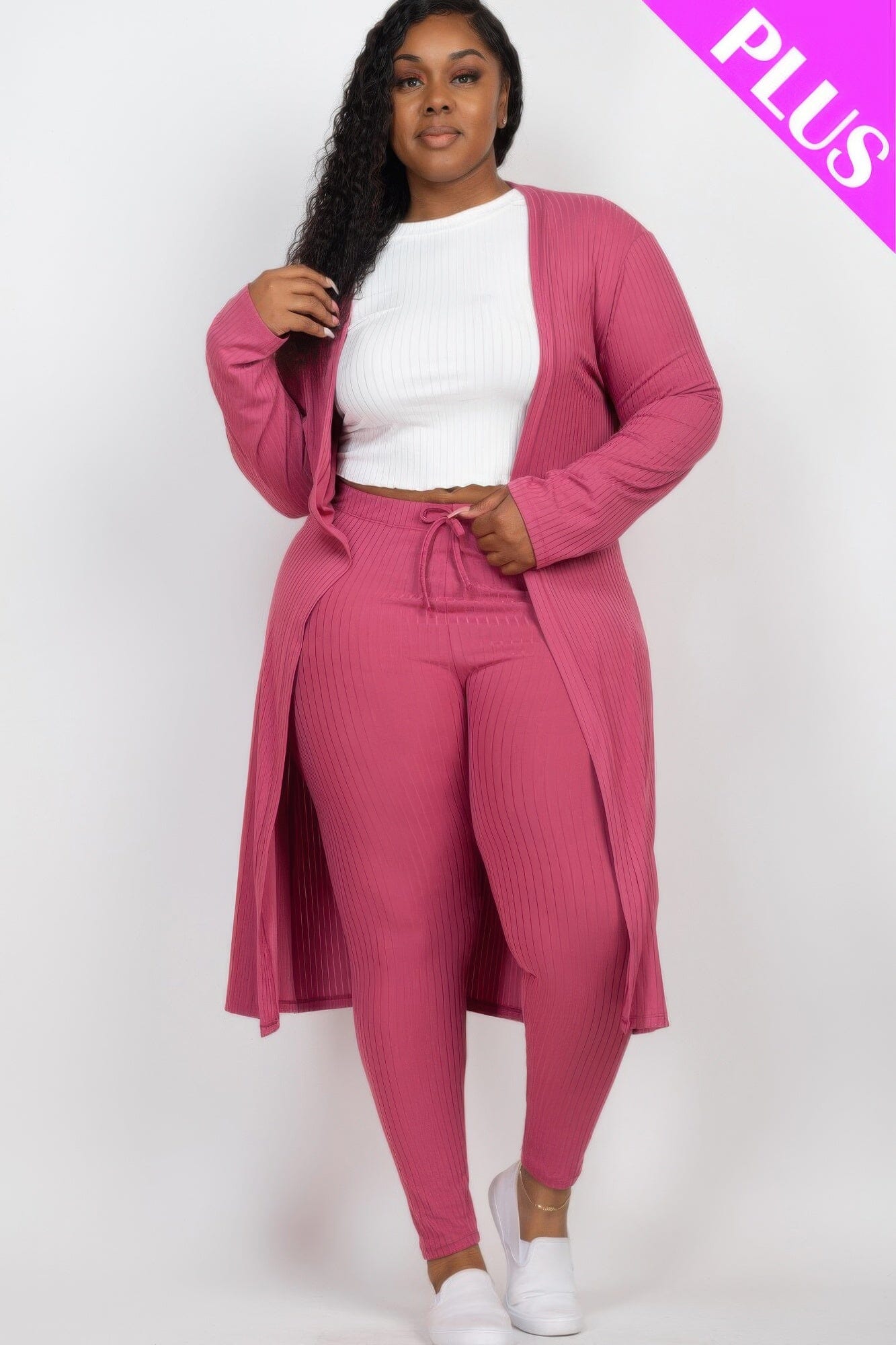Plus Size Ribbed Long Cardigan & Leggings Set Outfit Sets jehouze 