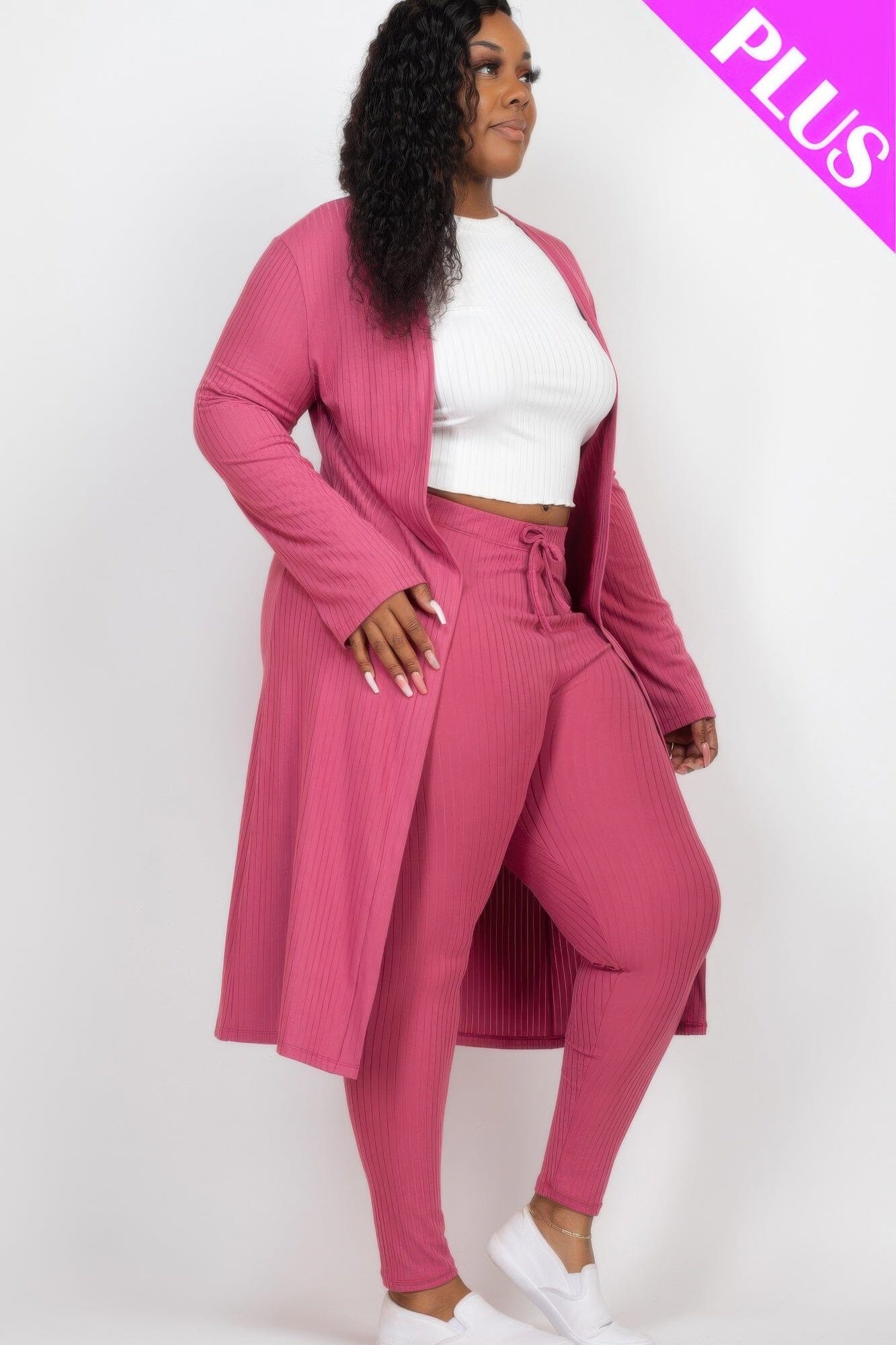 Plus Size Ribbed Long Cardigan & Leggings Set Outfit Sets jehouze 