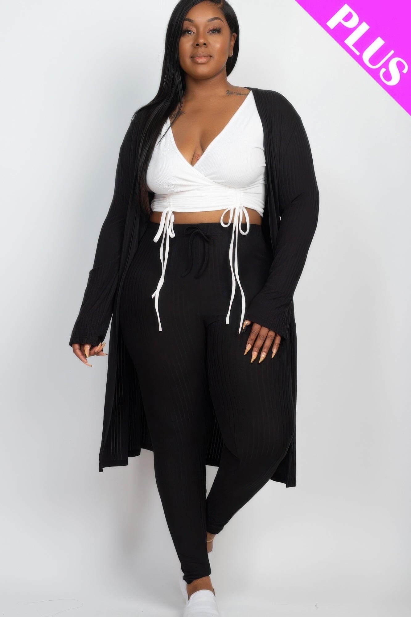 Plus Size Ribbed Long Cardigan & Leggings Set Outfit Sets jehouze Black 1XL 