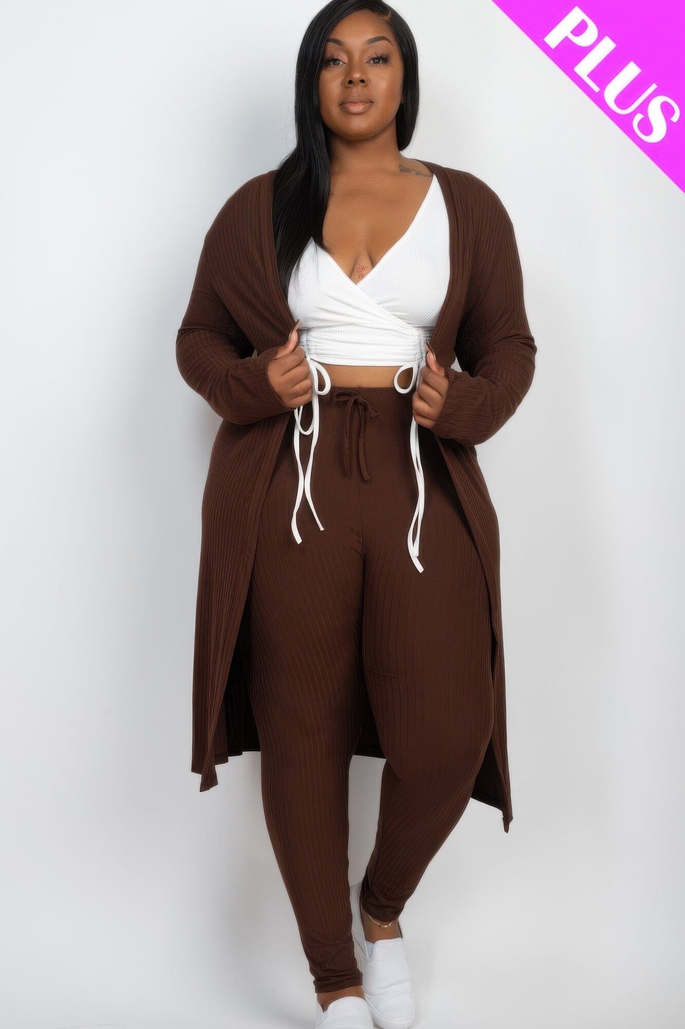 Plus Size Ribbed Long Cardigan & Leggings Set Outfit Sets jehouze Coffee 1XL 