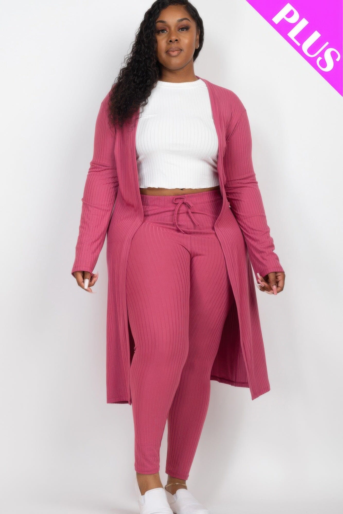 Plus Size Ribbed Long Cardigan & Leggings Set Outfit Sets jehouze Dark Mauve 1XL 
