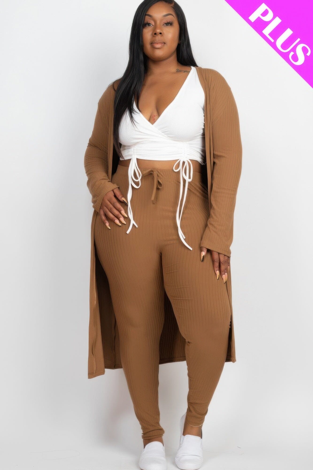 Plus Size Ribbed Long Cardigan & Leggings Set Outfit Sets jehouze Mocha 1XL 