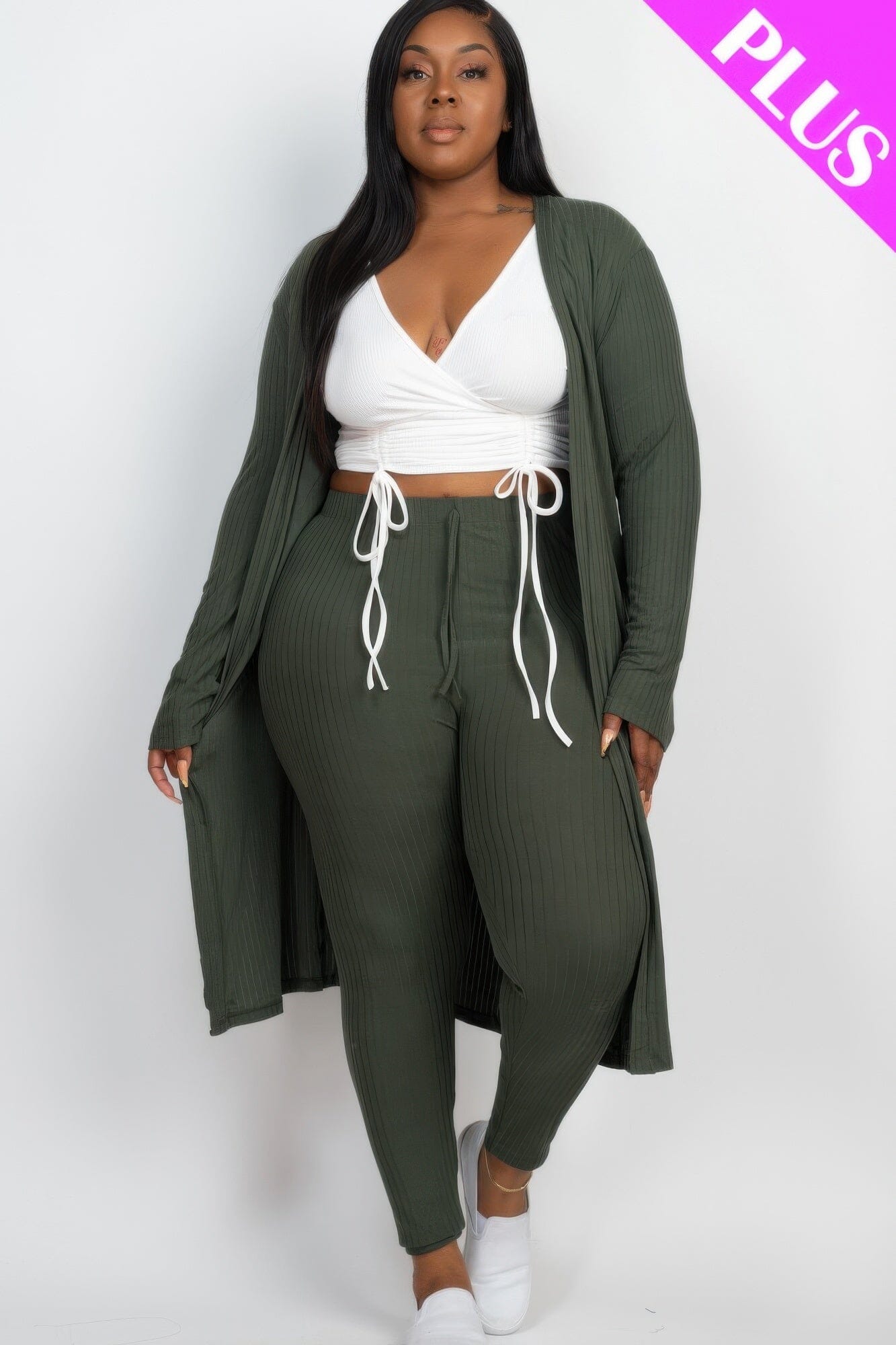 Plus Size Ribbed Long Cardigan & Leggings Set Outfit Sets jehouze Olive 1XL 