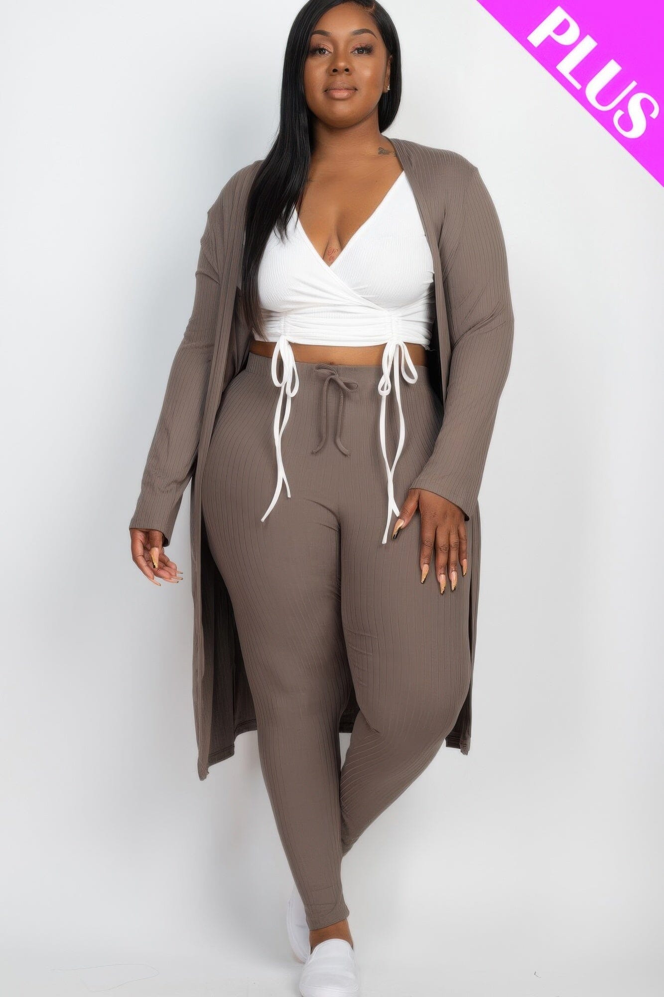 Plus Size Ribbed Long Cardigan & Leggings Set Outfit Sets jehouze Taupe 1XL 