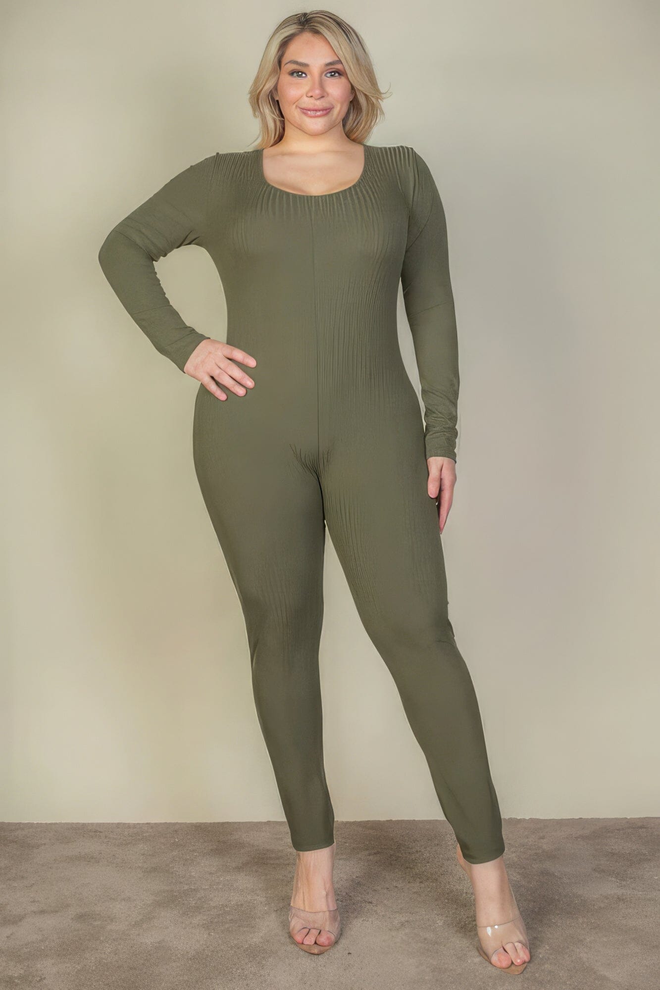 Plus Size Ribbed Scoop Neck Long Sleeve Jumpsuit Jumpsuits & Rompers jehouze 