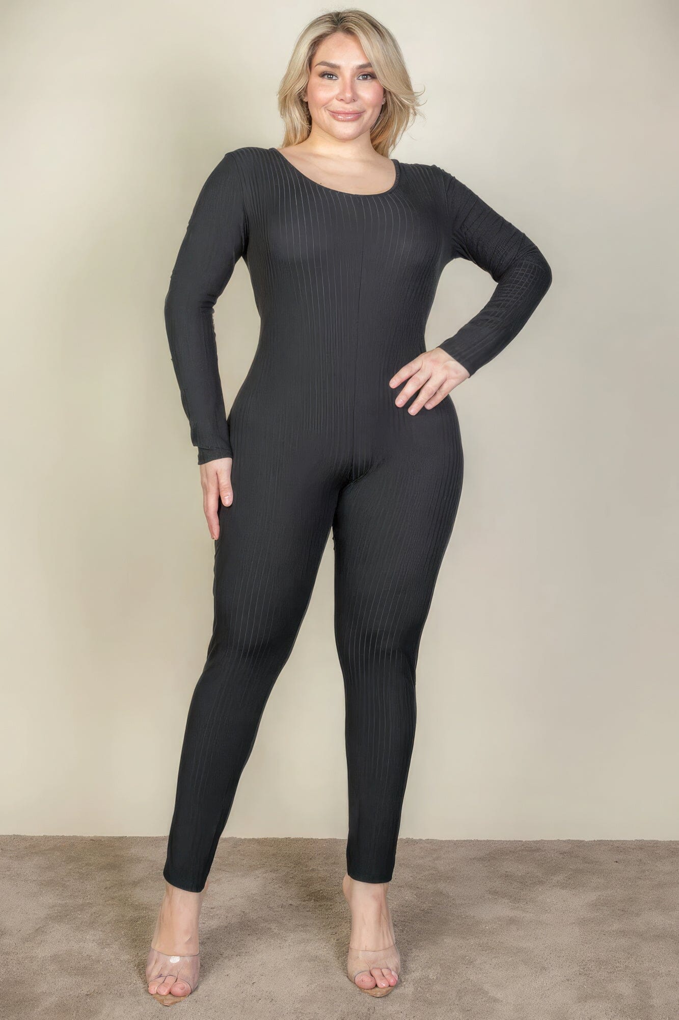 Plus Size Ribbed Scoop Neck Long Sleeve Jumpsuit Jumpsuits & Rompers jehouze 