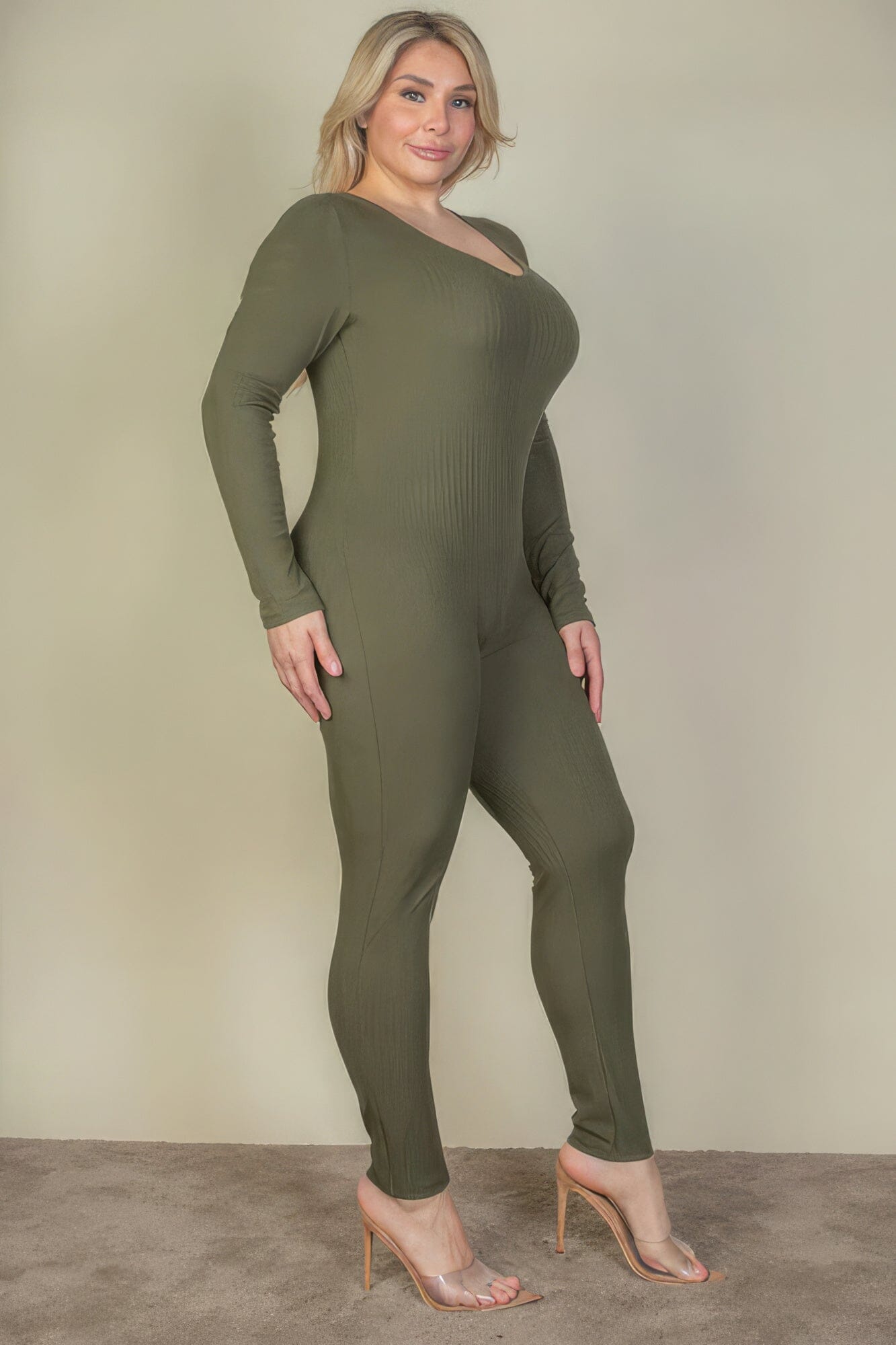 Plus Size Ribbed Scoop Neck Long Sleeve Jumpsuit Jumpsuits & Rompers jehouze 