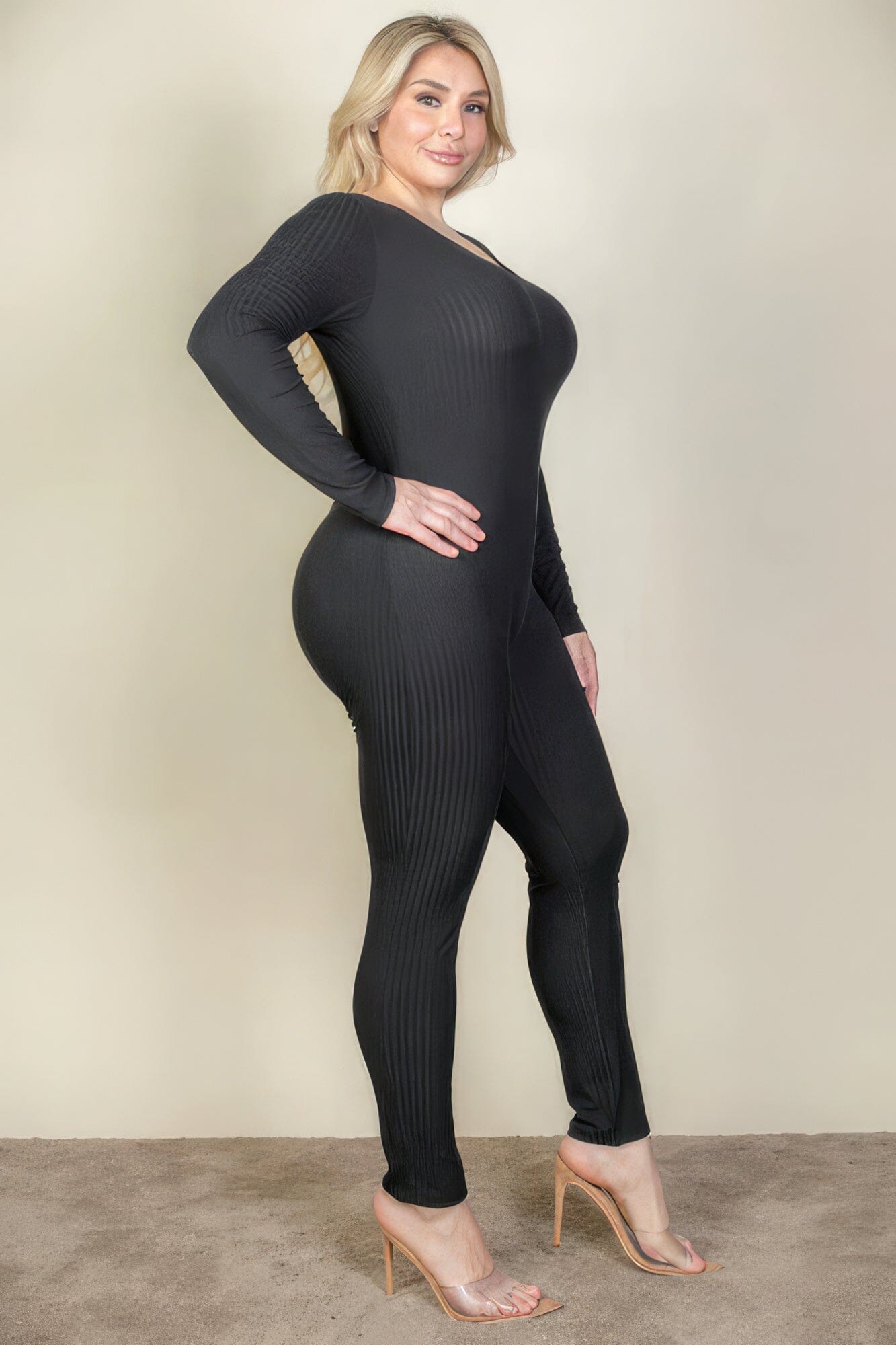 Plus Size Ribbed Scoop Neck Long Sleeve Jumpsuit Jumpsuits & Rompers jehouze 