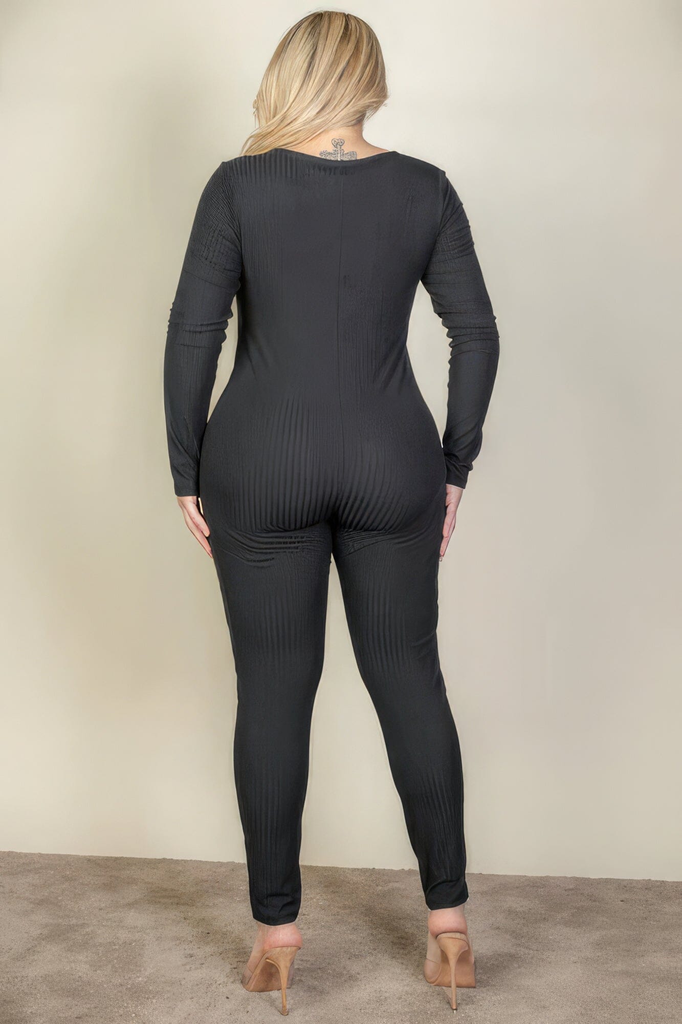 Plus Size Ribbed Scoop Neck Long Sleeve Jumpsuit Jumpsuits & Rompers jehouze 