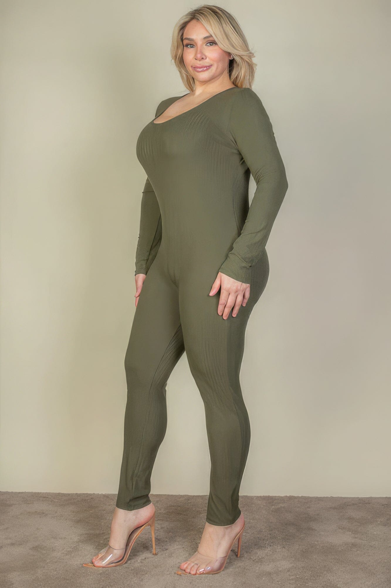 Plus Size Ribbed Scoop Neck Long Sleeve Jumpsuit Jumpsuits & Rompers jehouze 