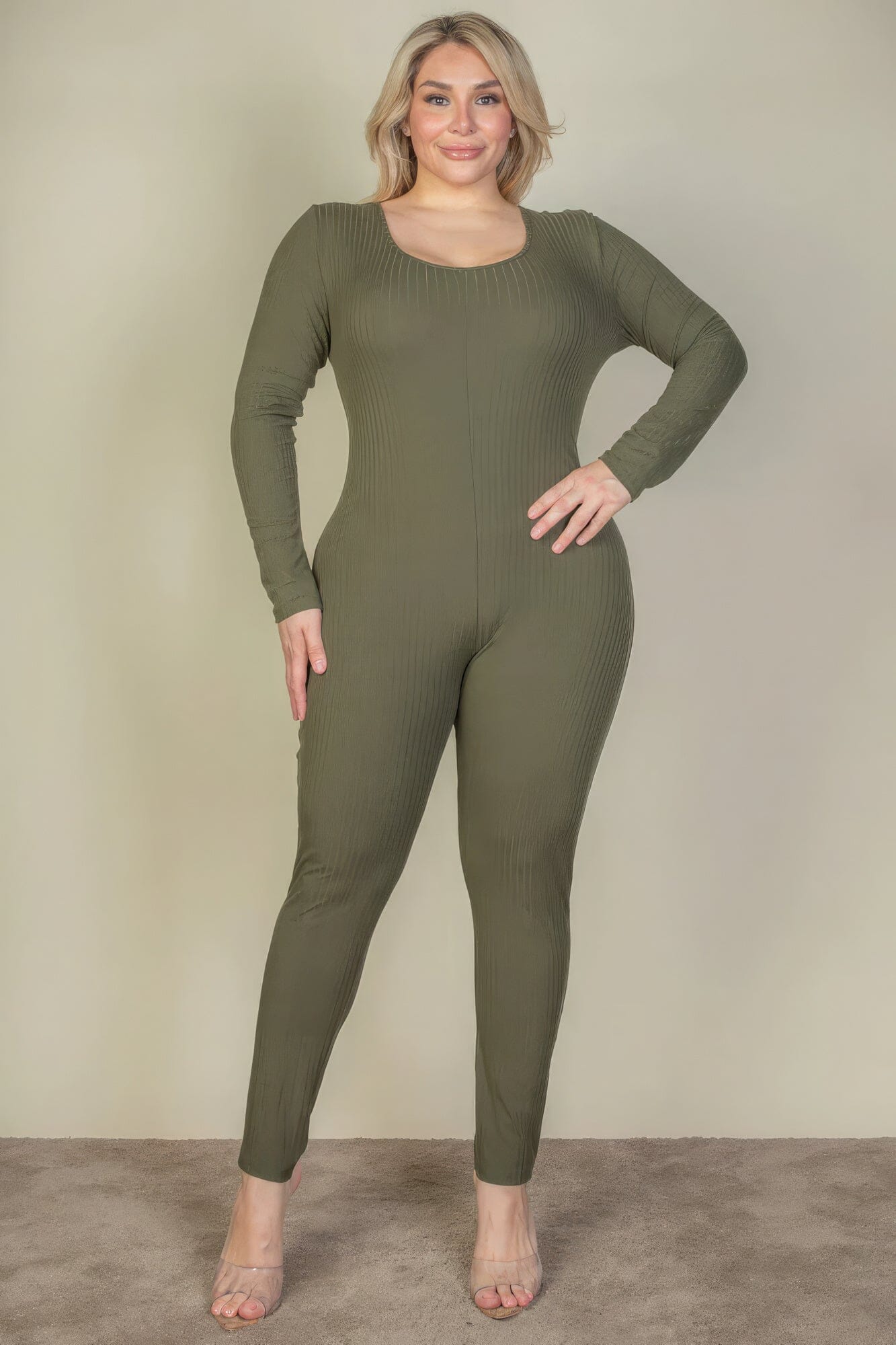 Plus Size Ribbed Scoop Neck Long Sleeve Jumpsuit Jumpsuits & Rompers jehouze Olive 1XL 