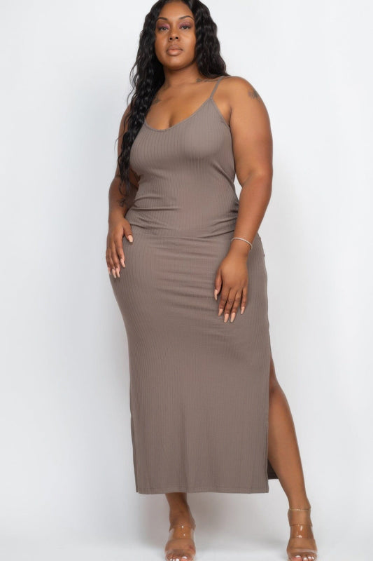 Plus Size Ribbed Side Slit Long Cami Maxi Dress Dresses jehouze Taupe 1XL 