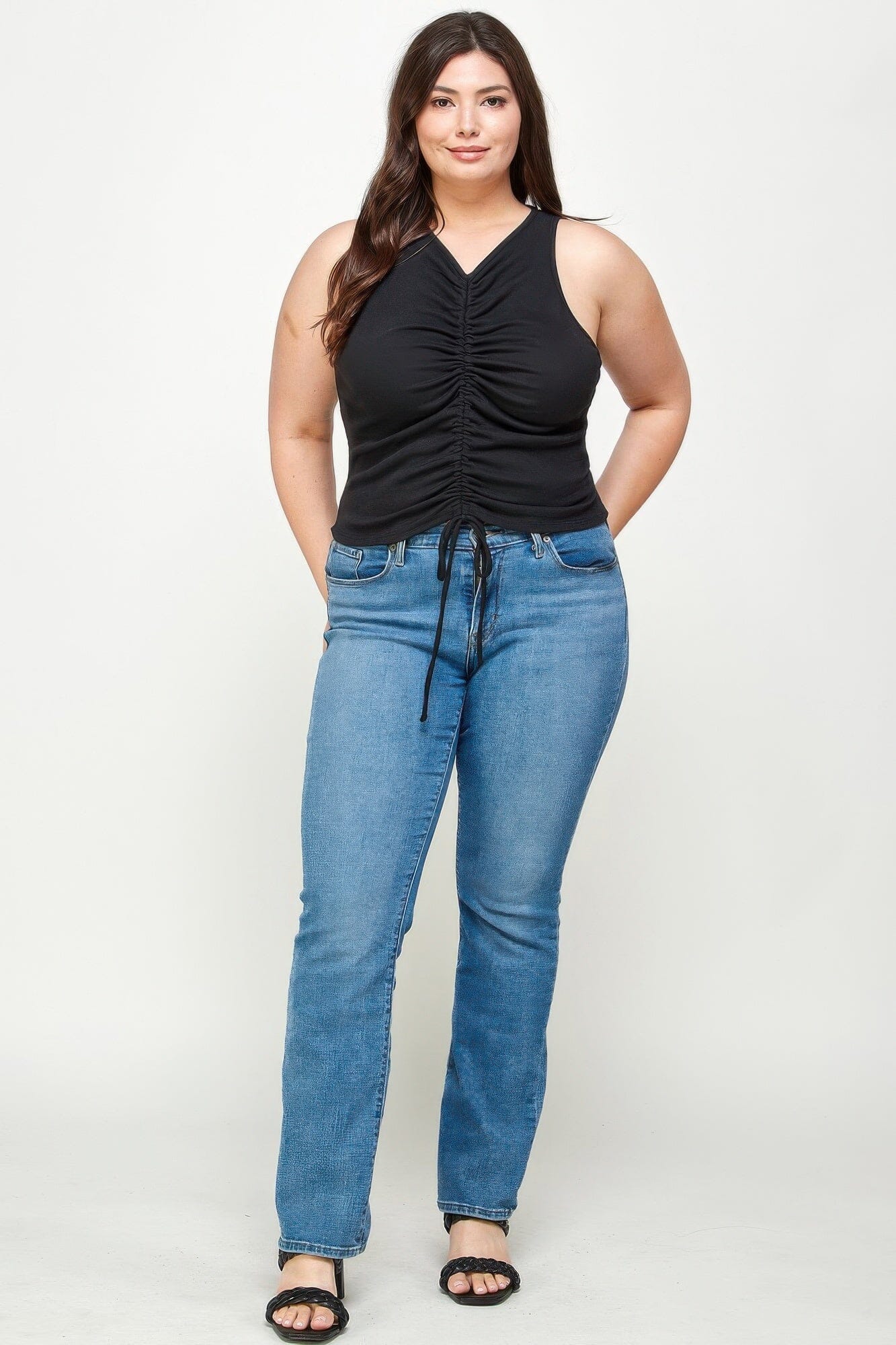 Plus Size Ribbed Sleeveless Ruched Tank Top Shirts & Tops jehouze Black 1XL 