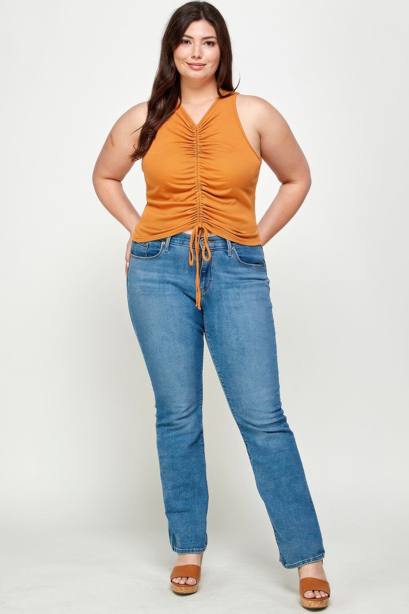 Plus Size Ribbed Sleeveless Ruched Tank Top Shirts & Tops jehouze Dijon 1XL 