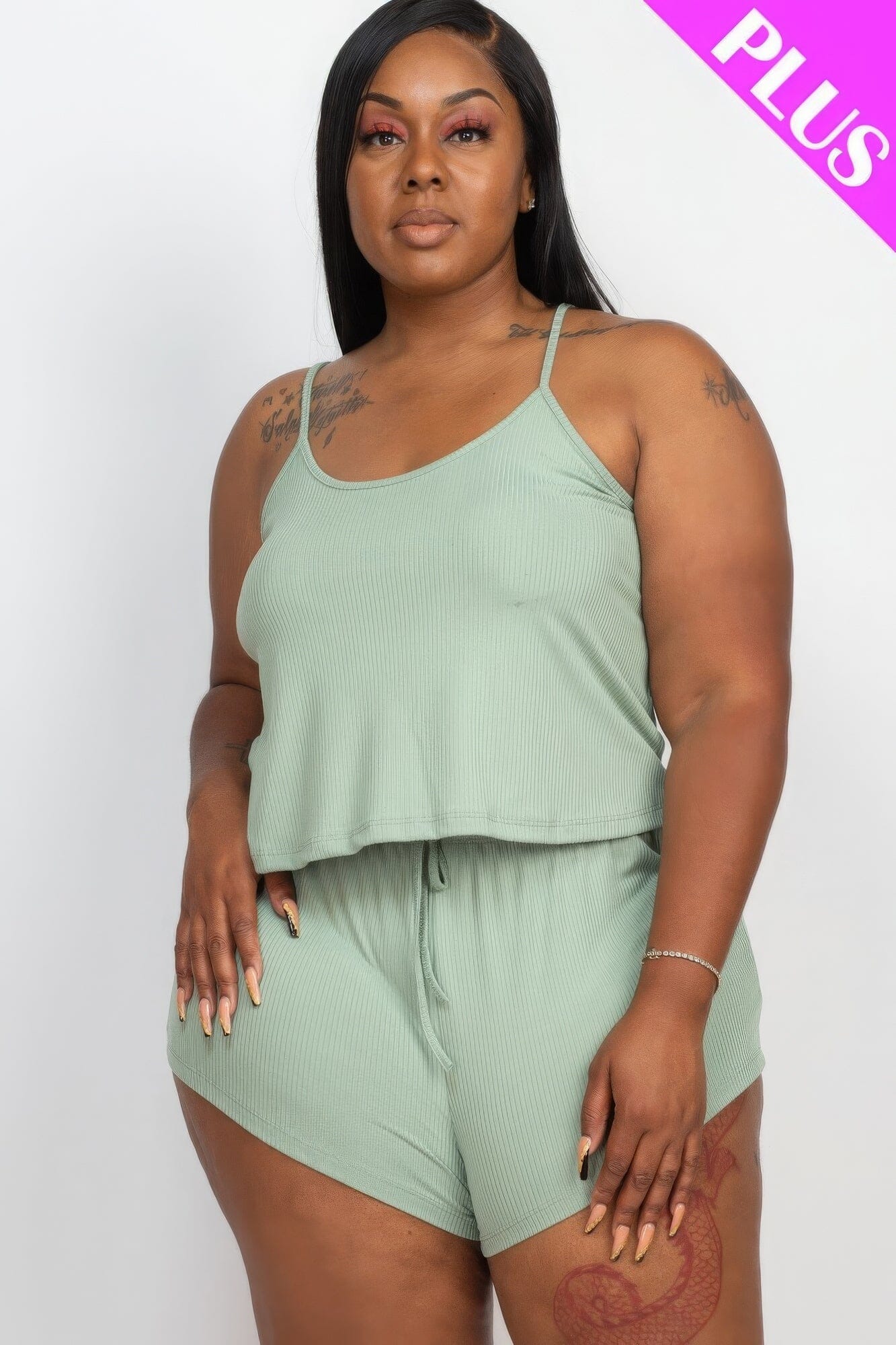 Plus Size Ribbed Strappy Top And Shorts Loungewear Set Loungewear jehouze Green Bay 1XL 