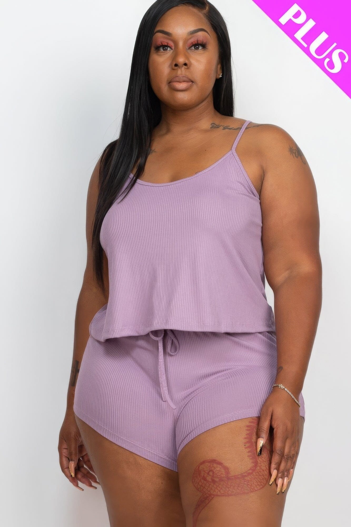 Plus Size Ribbed Strappy Top And Shorts Loungewear Set Loungewear jehouze Orchid 1XL 