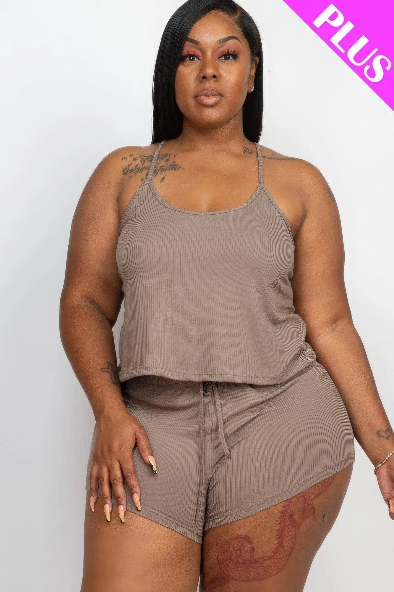 Plus Size Ribbed Strappy Top And Shorts Loungewear Set Loungewear jehouze Taupe 1XL 