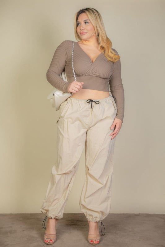 Plus Size Ribbed Wrap Front Long Sleeve Top Shirts & Tops jehouze 