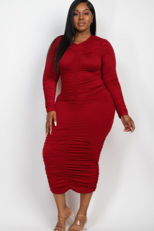 Plus Size Ruched Long Sleeve Midi Dress Dresses jehouze Winery 1XL 