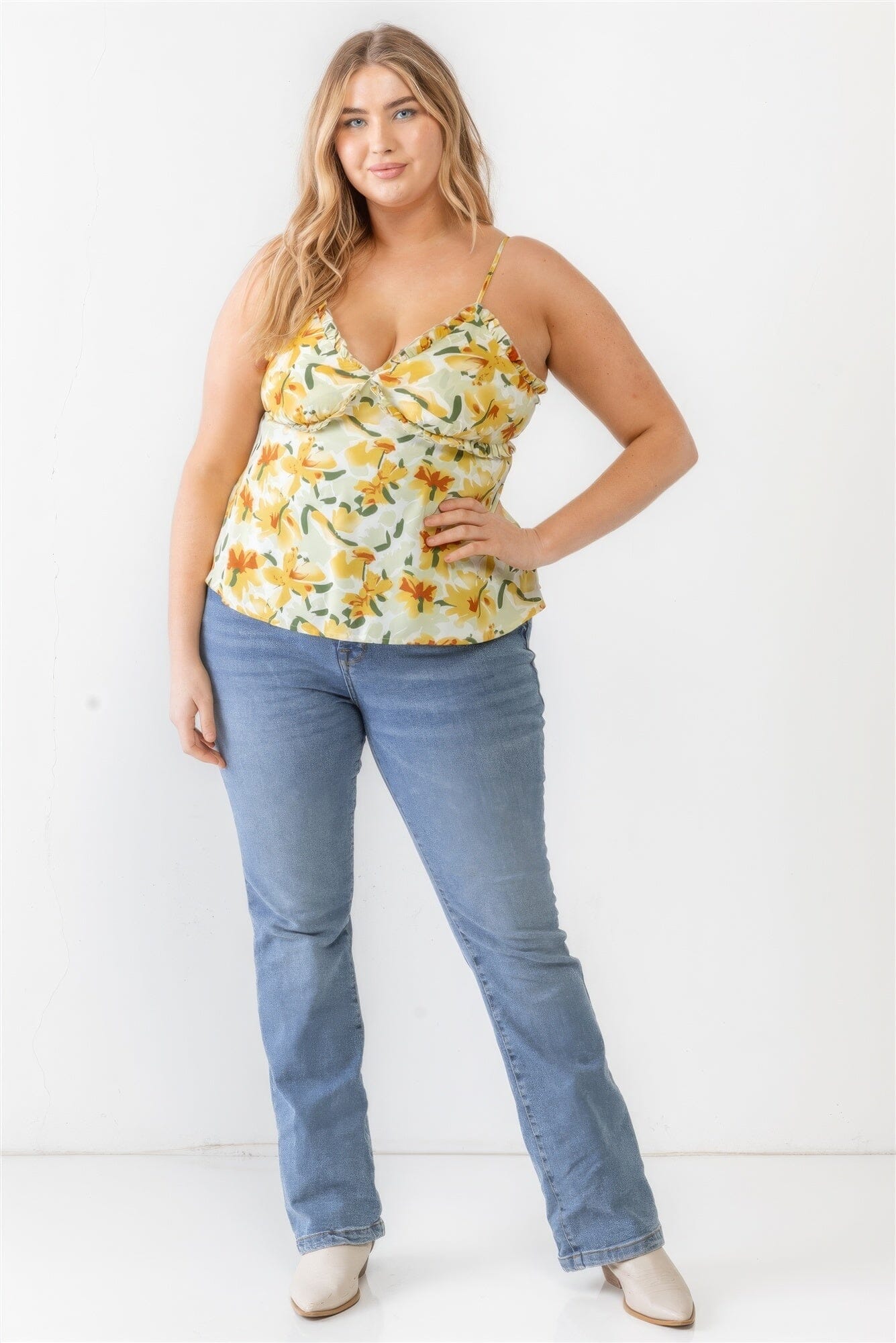 Plus Size Sage Yellow Floral Print Woven Ruffle Sleeveless Back Zipper Tank Top Shirts & Tops jehouze 1XL 