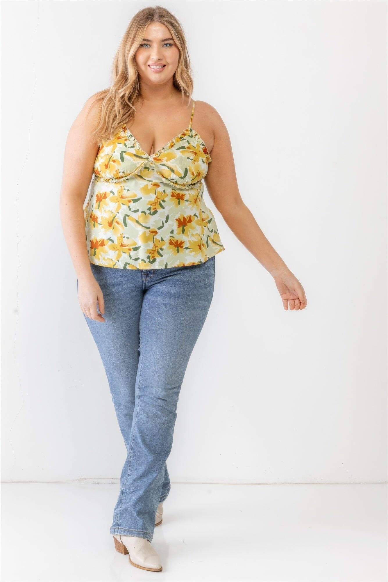 Plus Size Sage Yellow Floral Print Woven Ruffle Sleeveless Back Zipper Tank Top Shirts & Tops jehouze 