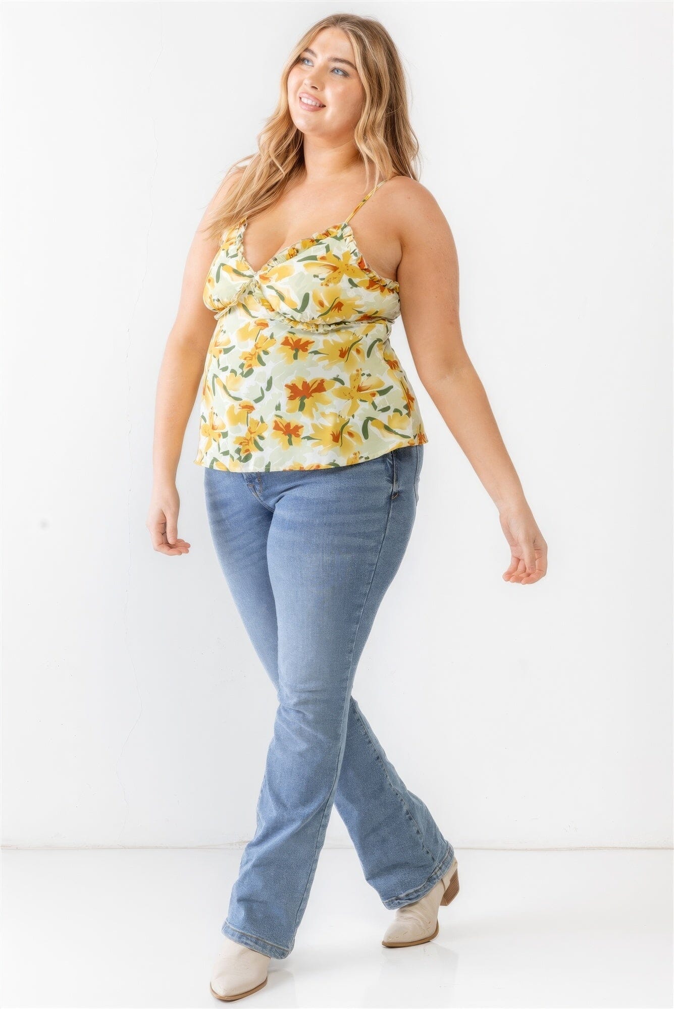 Plus Size Sage Yellow Floral Print Woven Ruffle Sleeveless Back Zipper Tank Top Shirts & Tops jehouze 