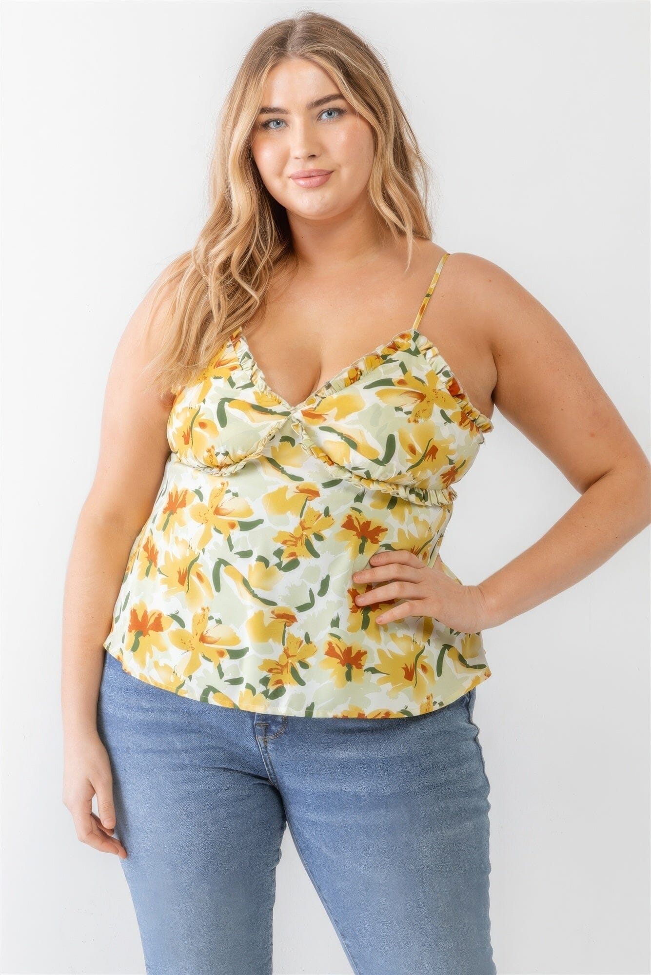 Plus Size Sage Yellow Floral Print Woven Ruffle Sleeveless Back Zipper Tank Top Shirts & Tops jehouze 